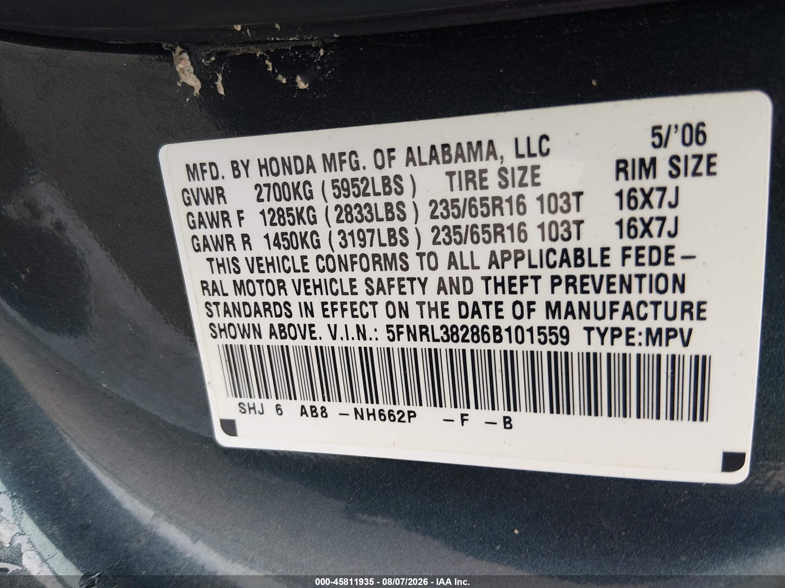 2006 Honda Odyssey Lx Blue vin: 5FNRL38286B101559