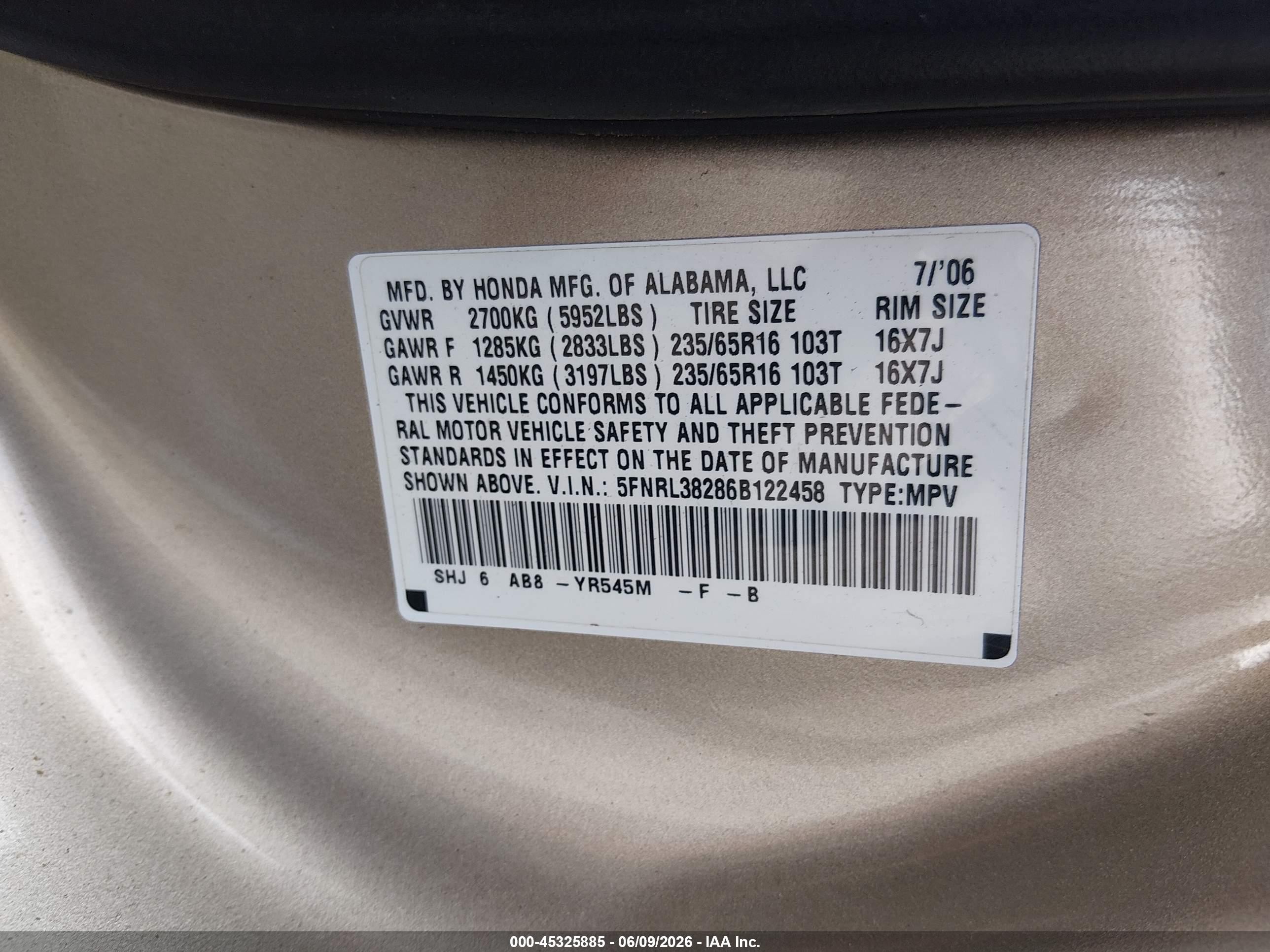 2006 Honda Odyssey Lx Бежевый vin: 5FNRL38286B122458