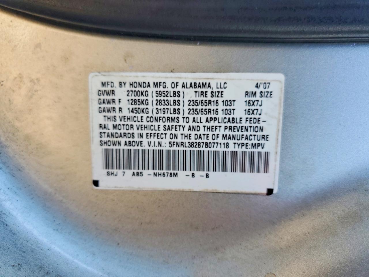 2007 Honda Odyssey Lx Silver vin: 5FNRL38287B077118
