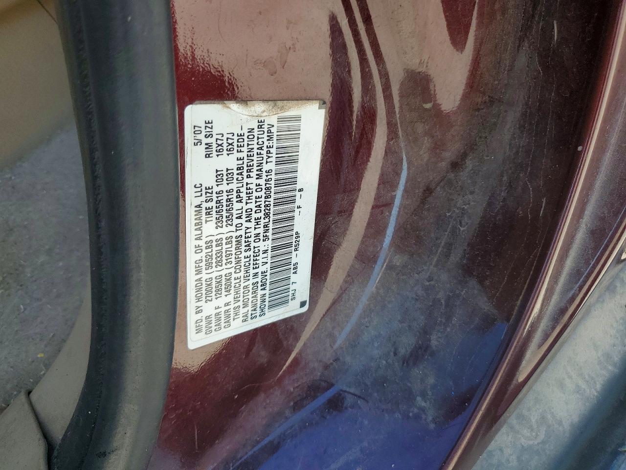 2007 Honda Odyssey Lx Maroon vin: 5FNRL38287B087616