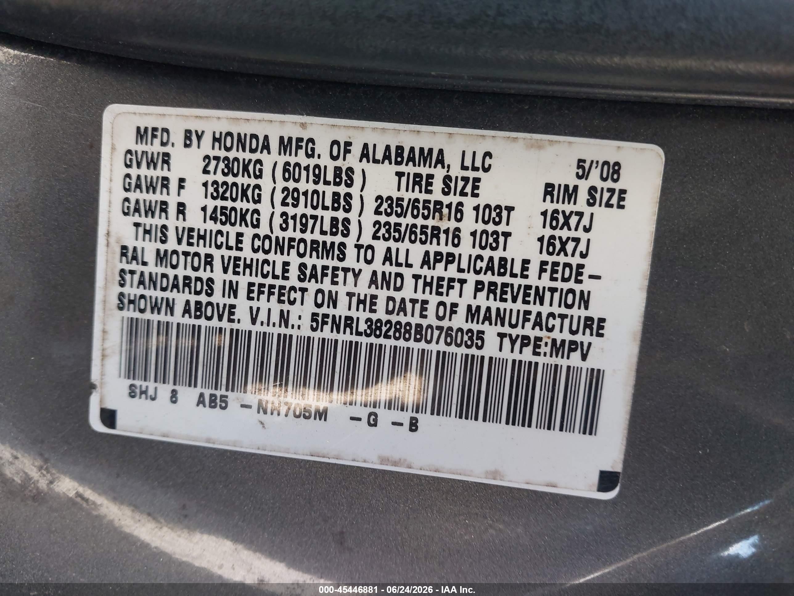 2008 Honda Odyssey Lx Gray vin: 5FNRL38288B076035