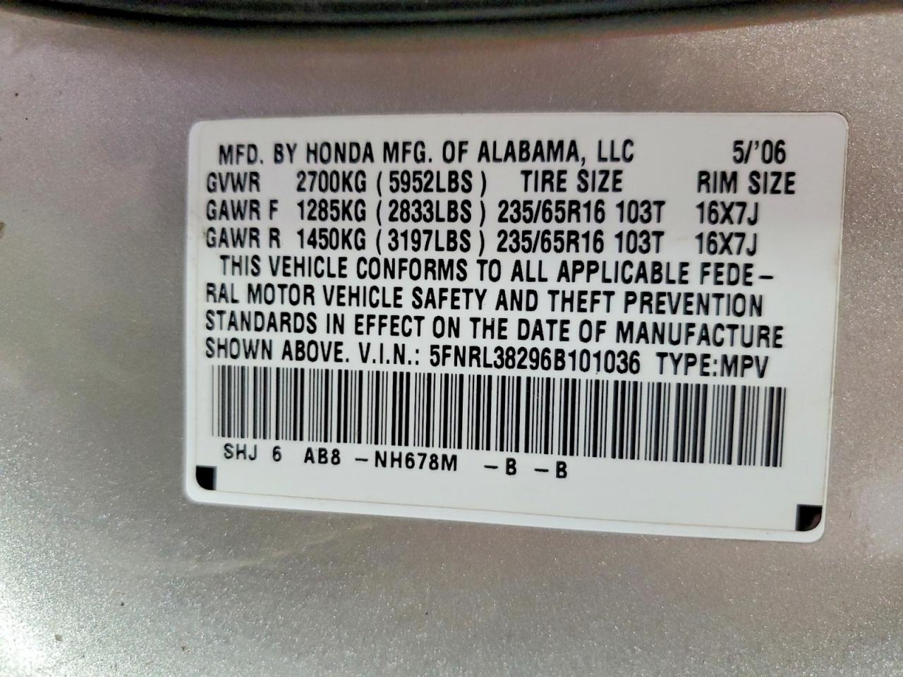 2006 Honda Odyssey Lx Серебряный vin: 5FNRL38296B101036