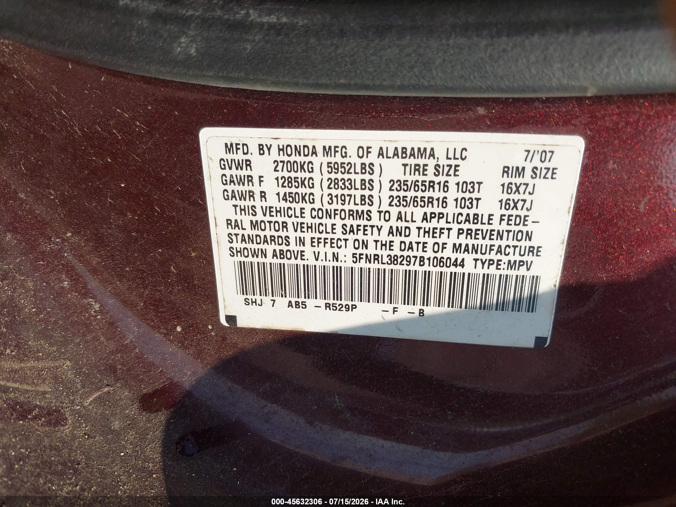 2007 Honda Odyssey Lx Maroon vin: 5FNRL38297B106044