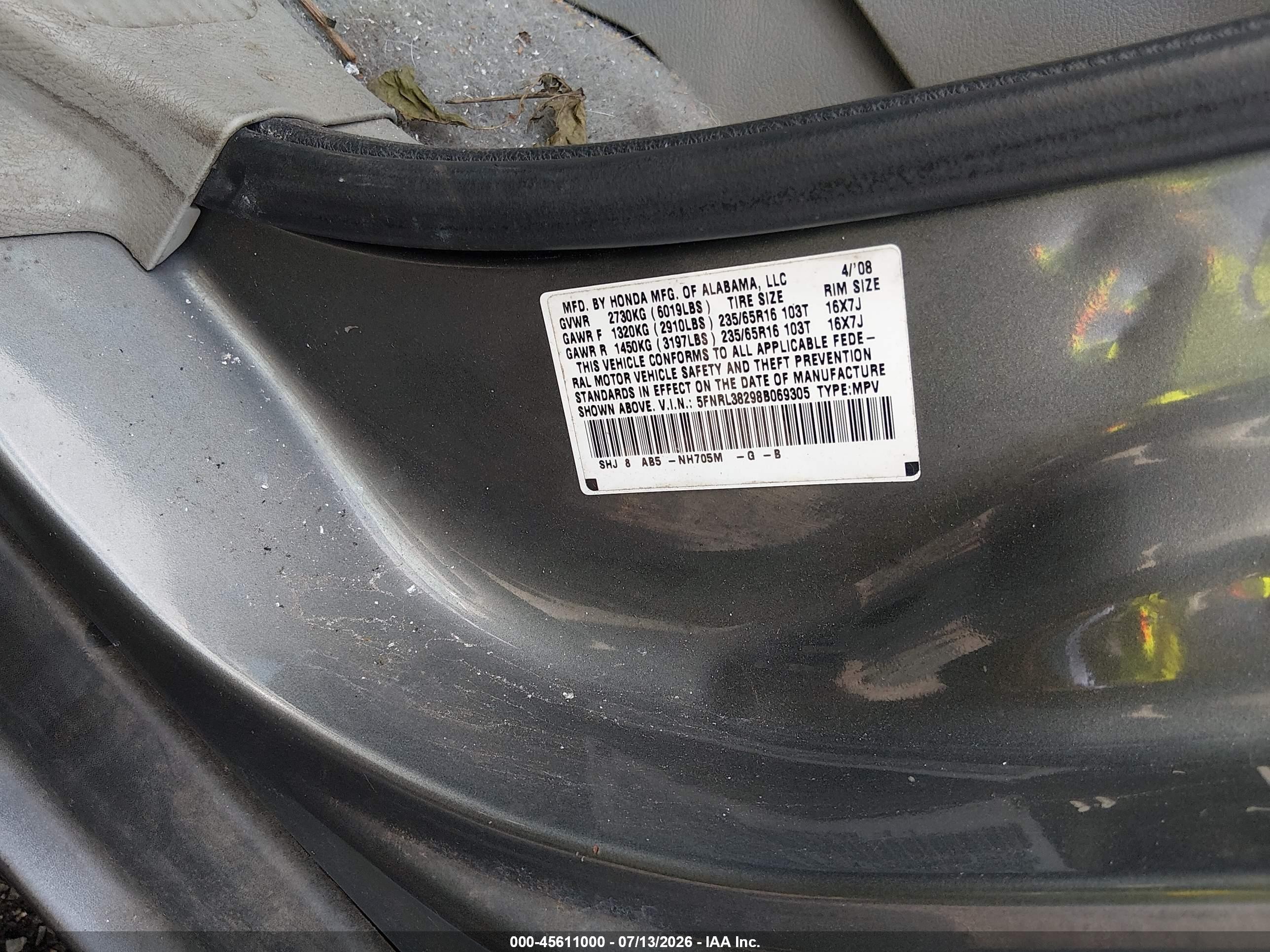 2008 Honda Odyssey Lx Серый vin: 5FNRL38298B069305