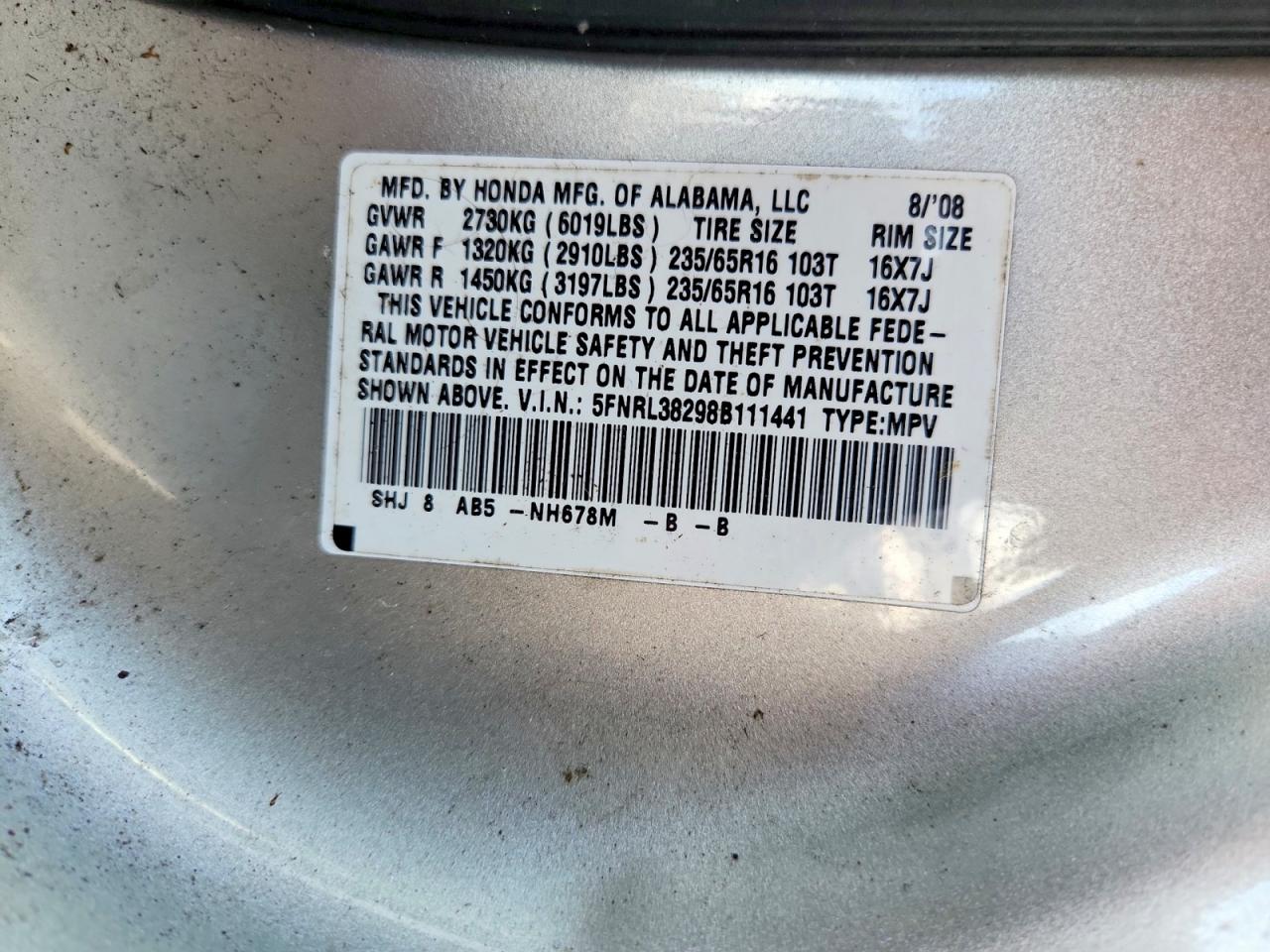 2008 Honda Odyssey Lx Silver vin: 5FNRL38298B111441