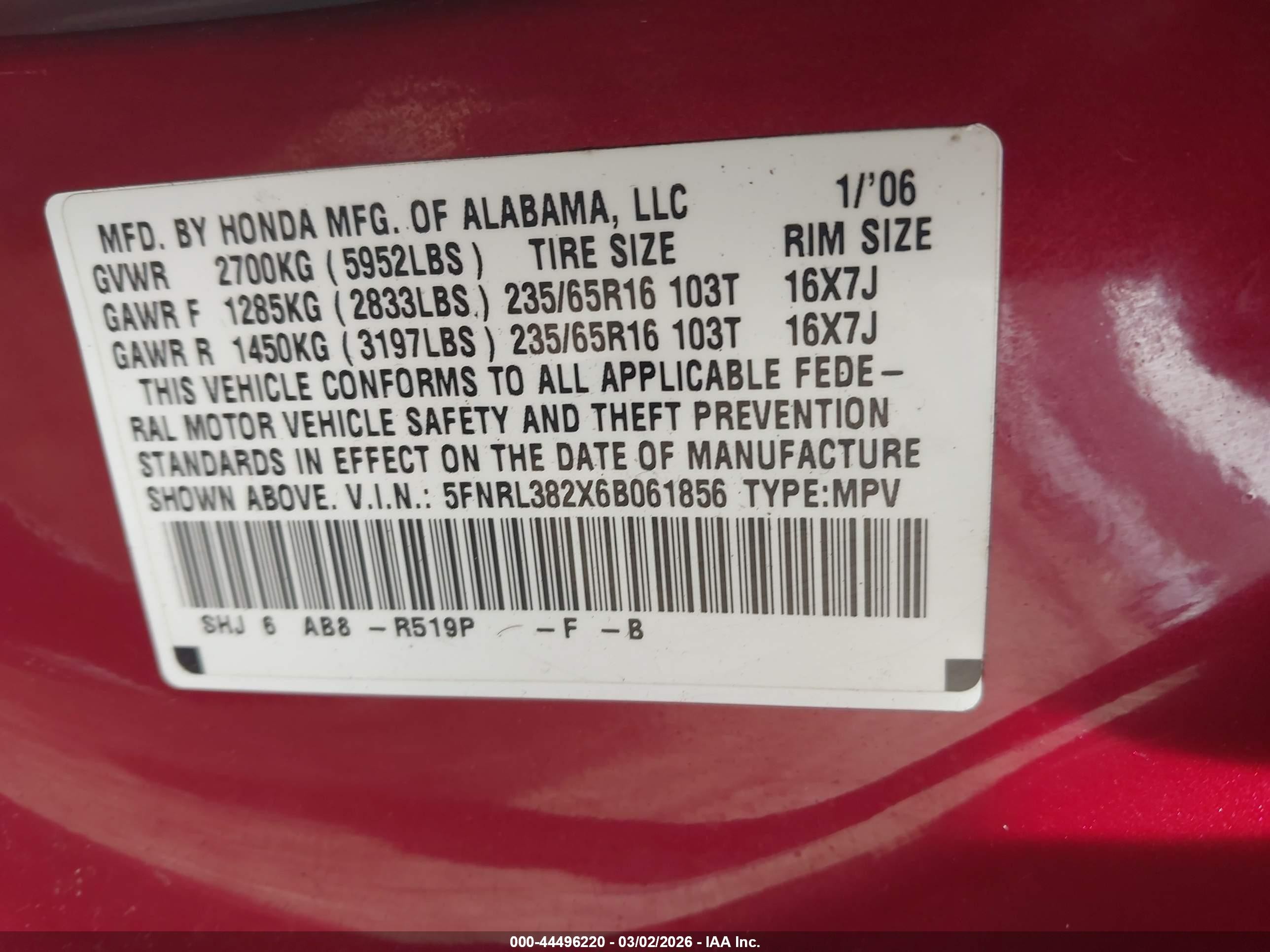 2006 Honda Odyssey Lx Red vin: 5FNRL382X6B061856