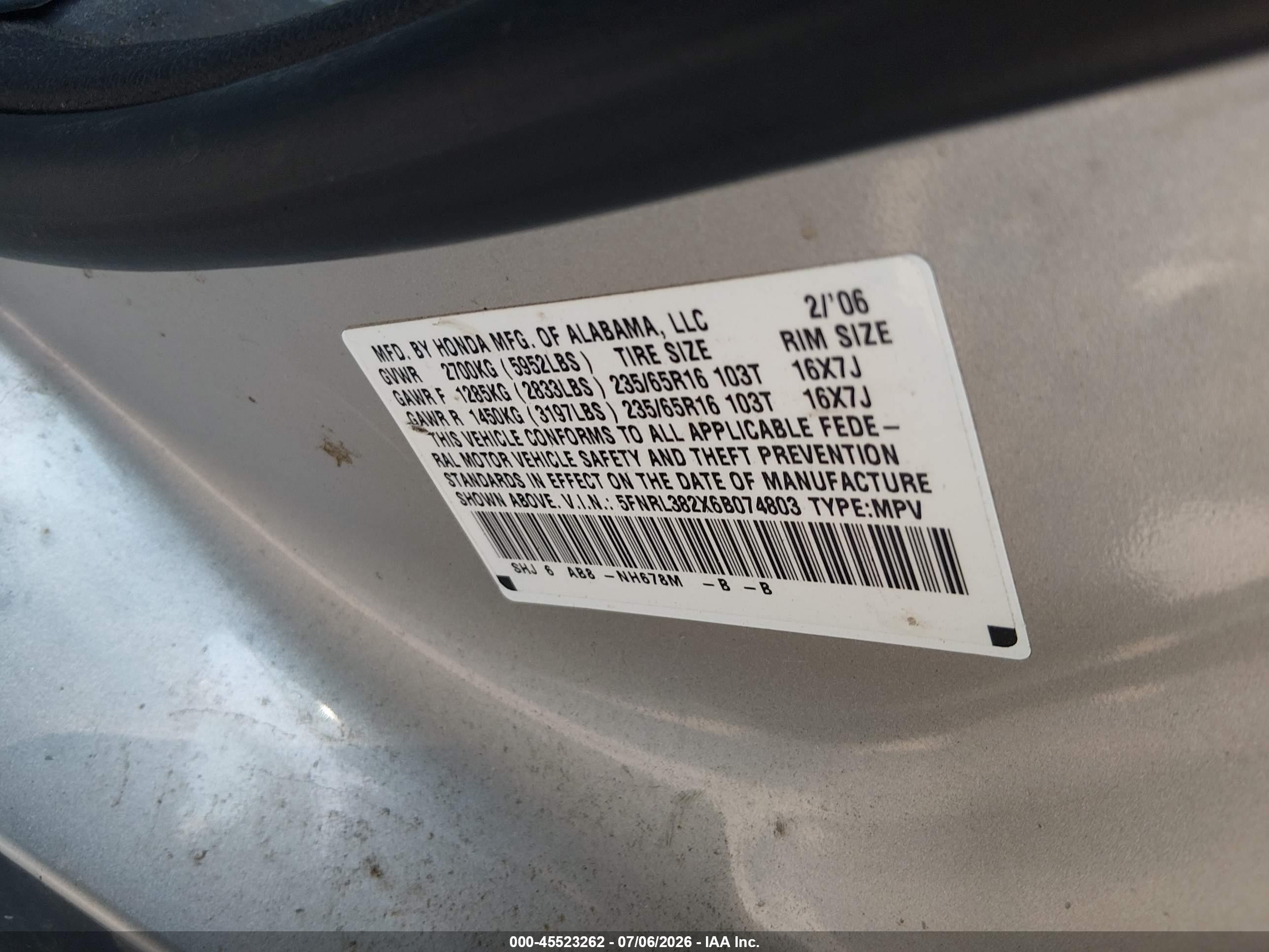 2006 Honda Odyssey Lx Gray vin: 5FNRL382X6B074803