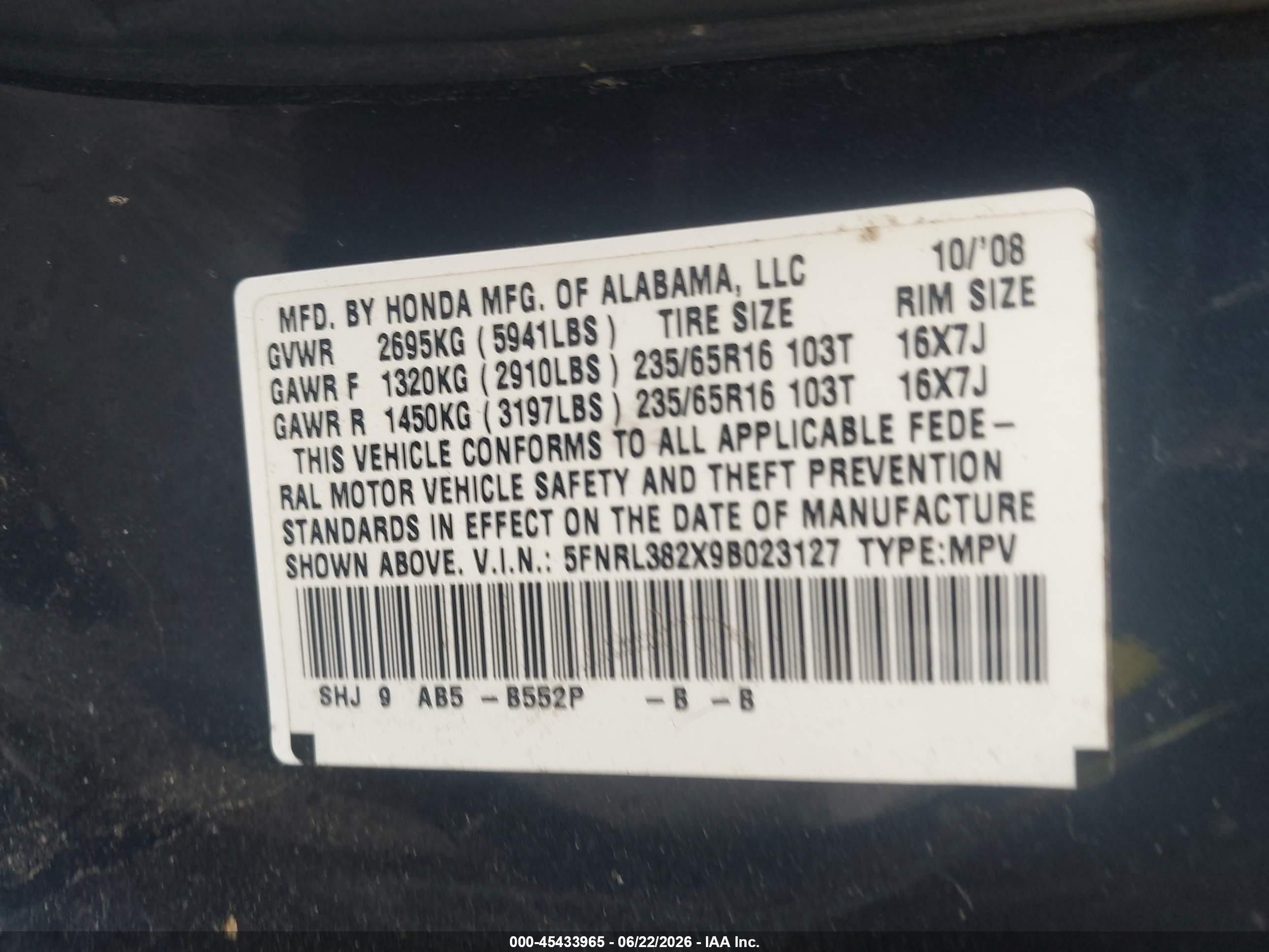 2009 Honda Odyssey Lx Black vin: 5FNRL382X9B023127