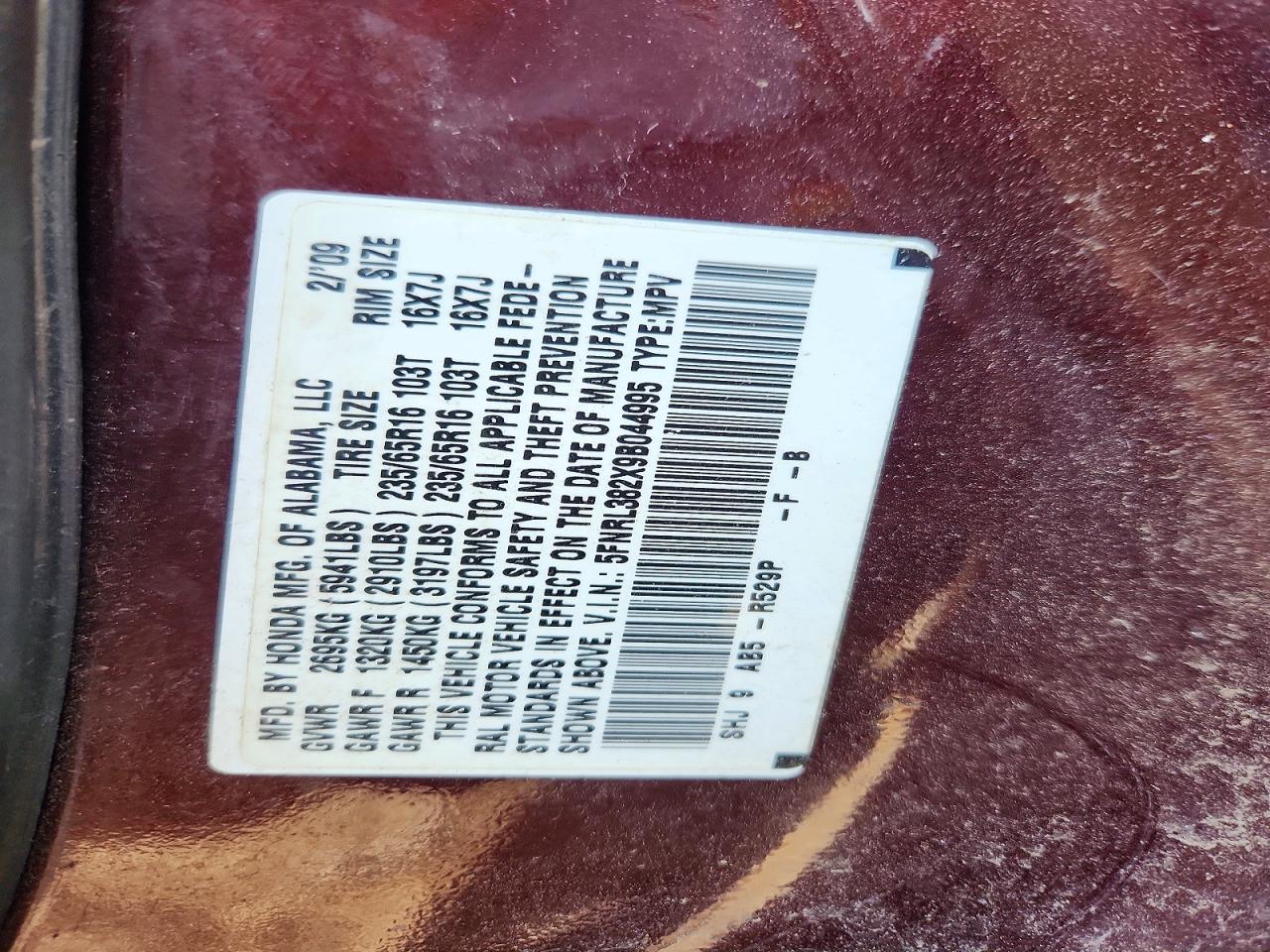 2009 Honda Odyssey Lx Burgundy vin: 5FNRL382X9B044995