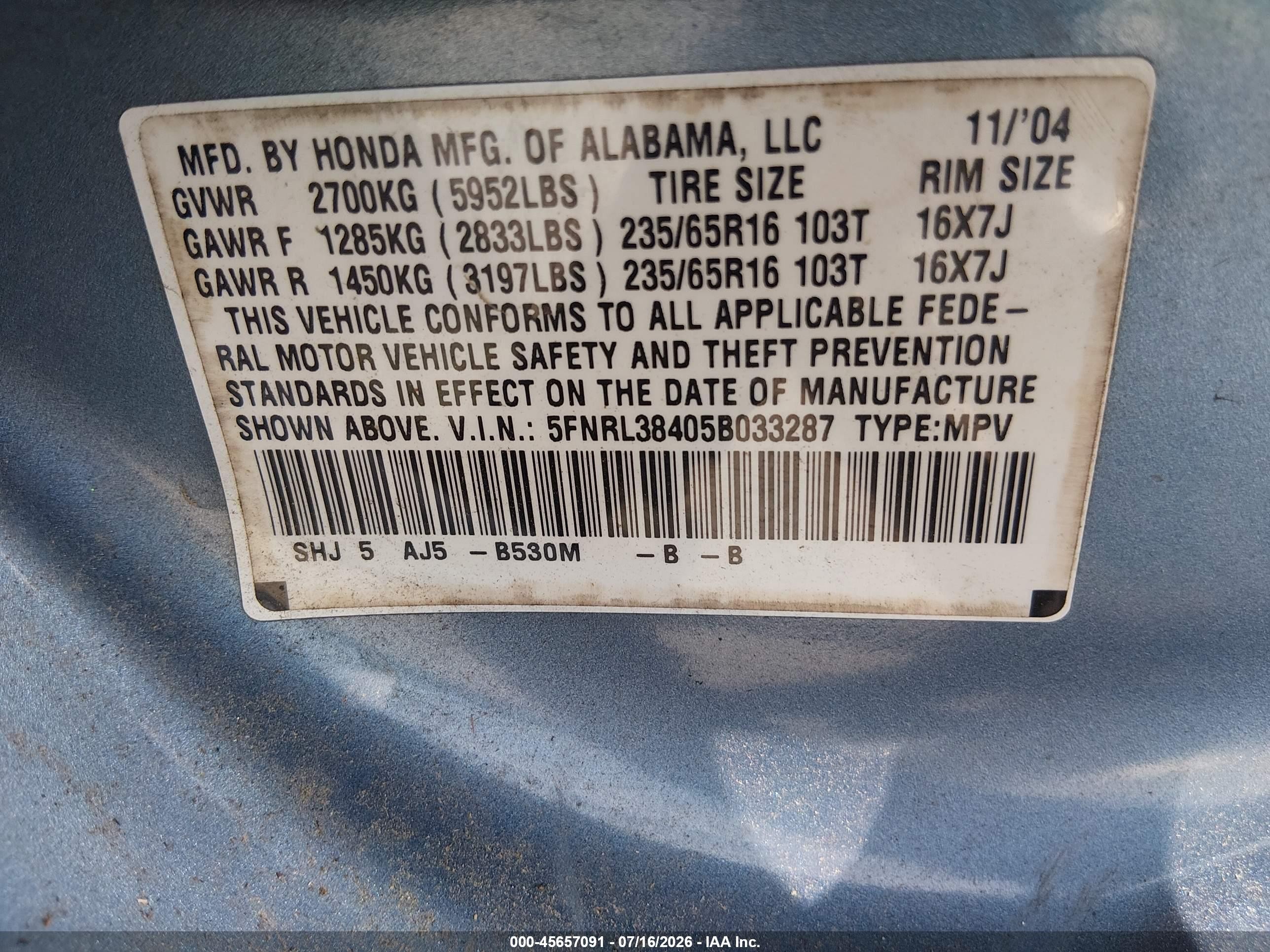 2005 Honda Odyssey Ex Light Blue vin: 5FNRL38405B033287