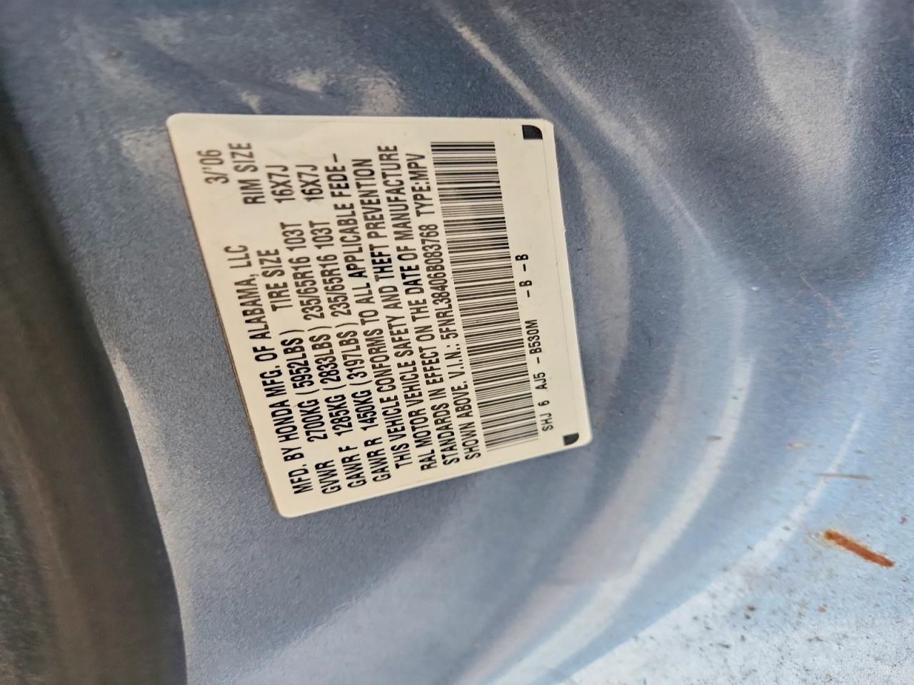 2006 Honda Odyssey Ex Blue vin: 5FNRL38406B083768