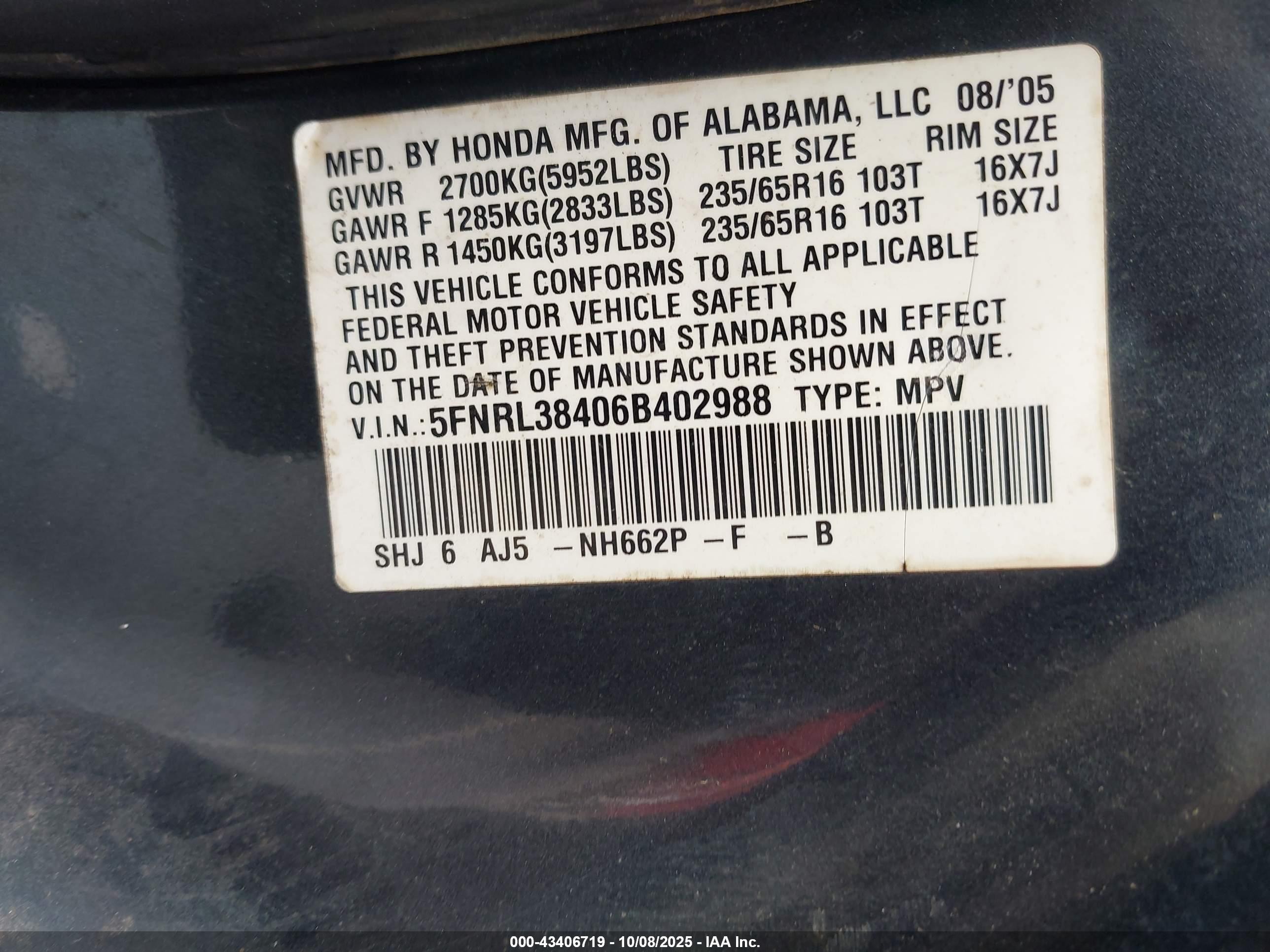 2006 Honda Odyssey Ex Gray vin: 5FNRL38406B402988