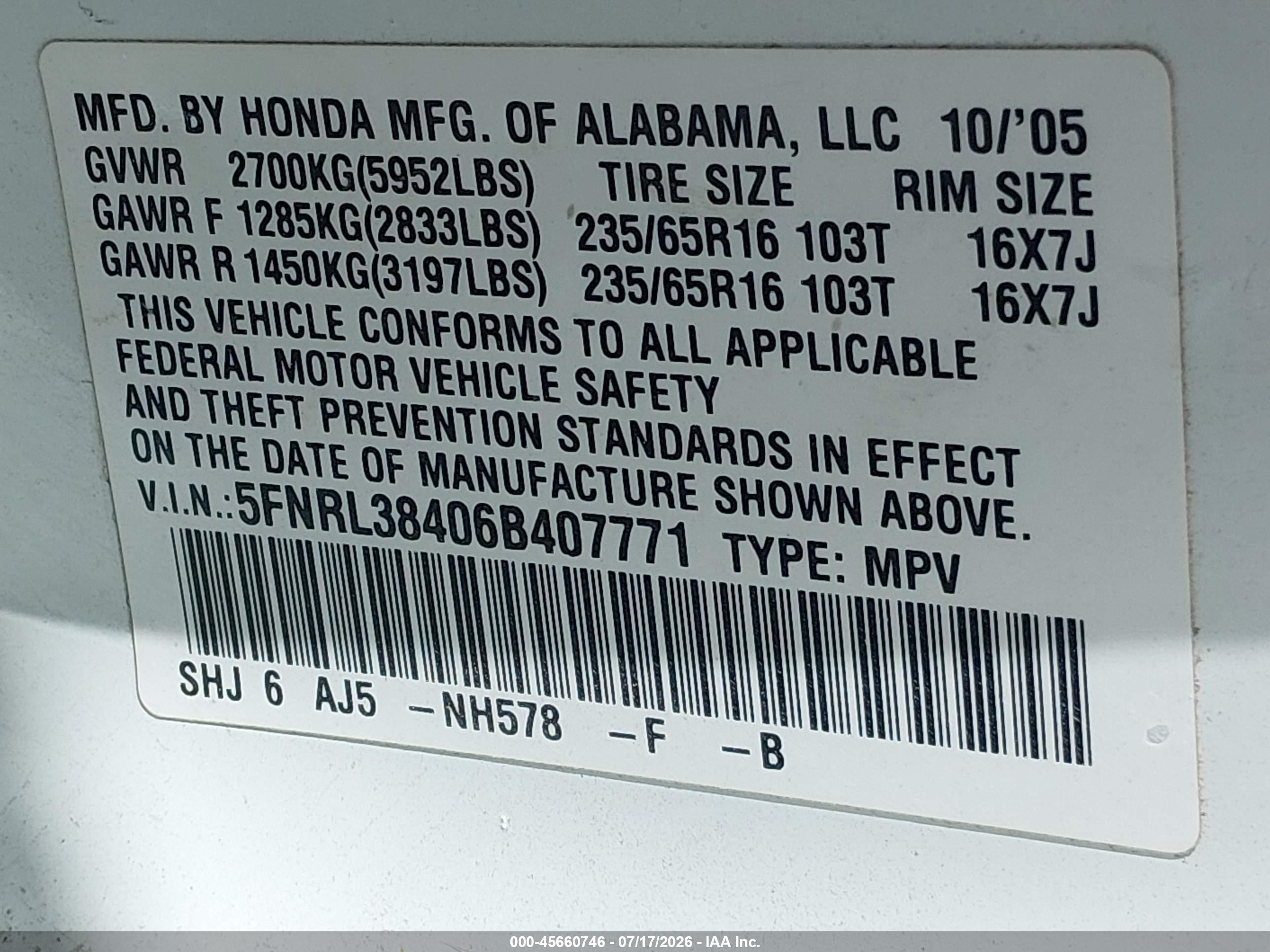 2006 Honda Odyssey Ex White vin: 5FNRL38406B407771