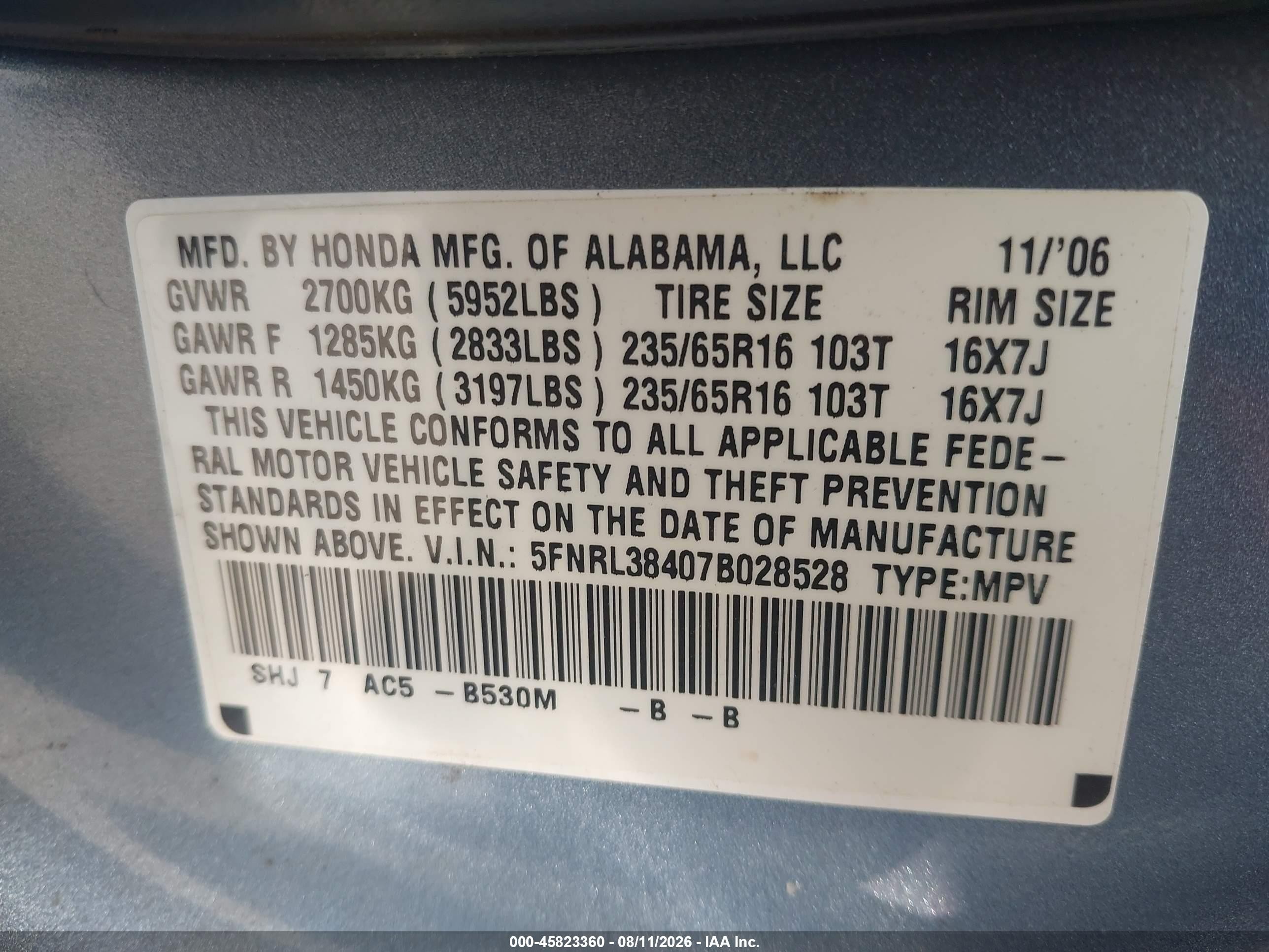 2007 Honda Odyssey Ex Light Blue vin: 5FNRL38407B028528