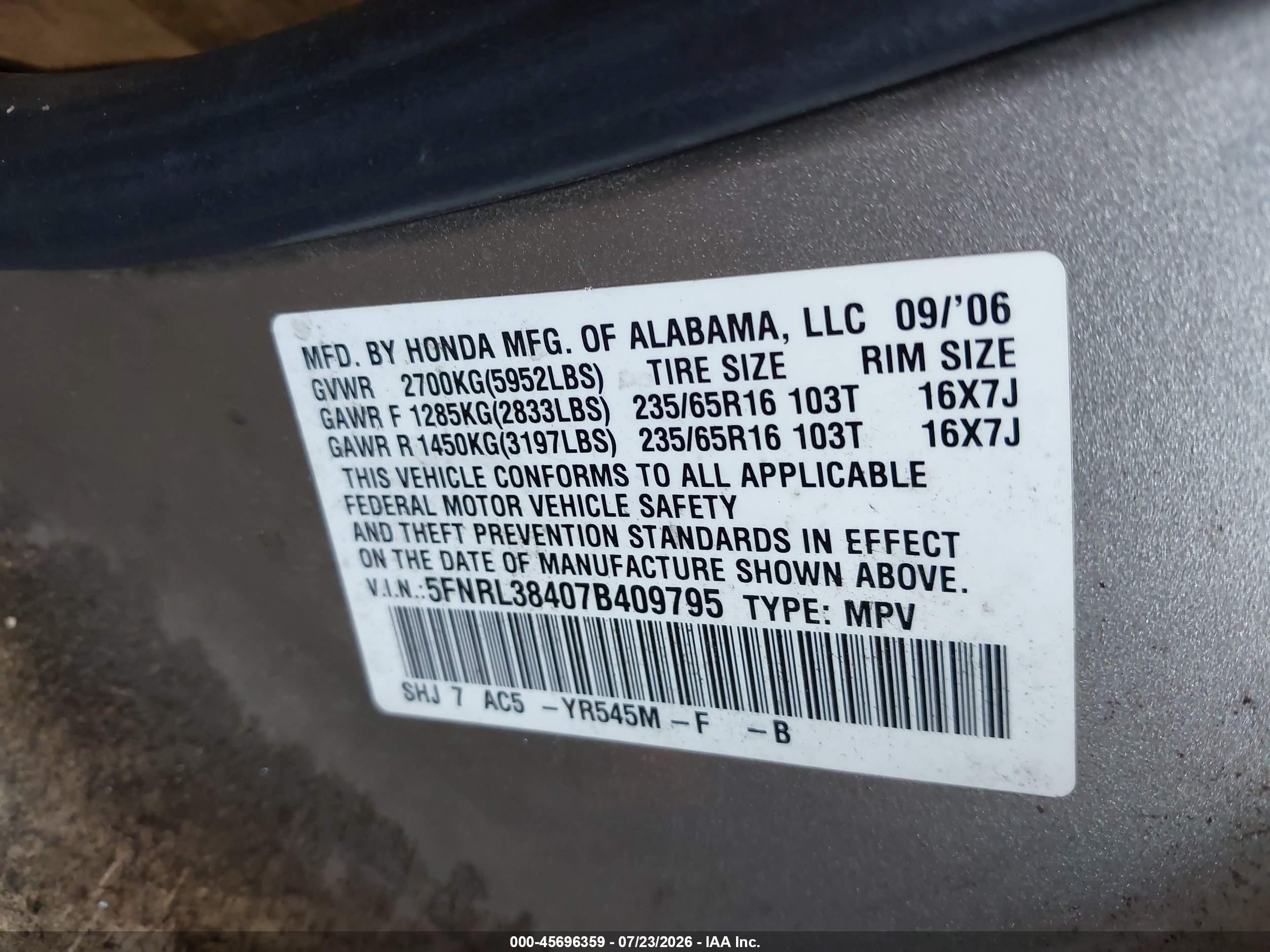 2007 Honda Odyssey Ex Gray vin: 5FNRL38407B409795