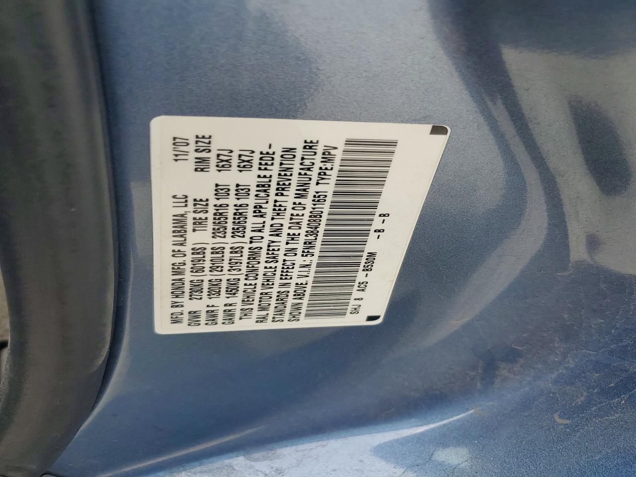 2008 Honda Odyssey Ex Blue vin: 5FNRL38408B011651