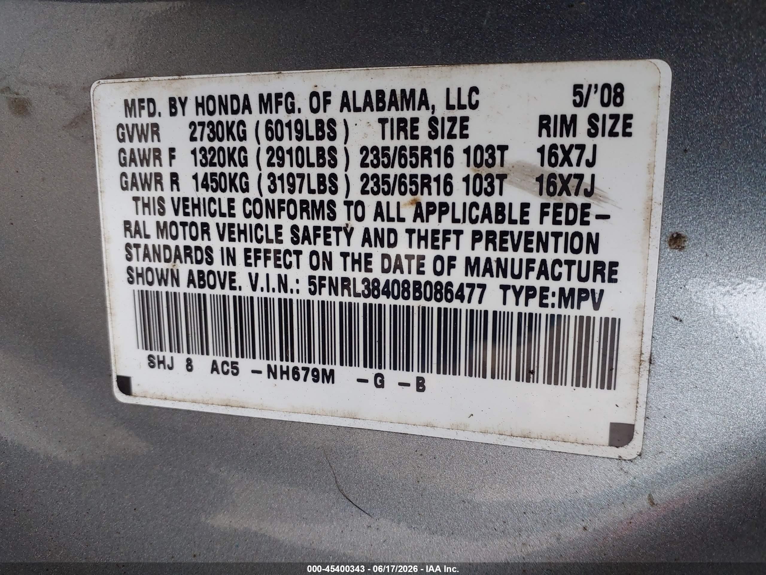 2008 Honda Odyssey Ex Blue vin: 5FNRL38408B086477