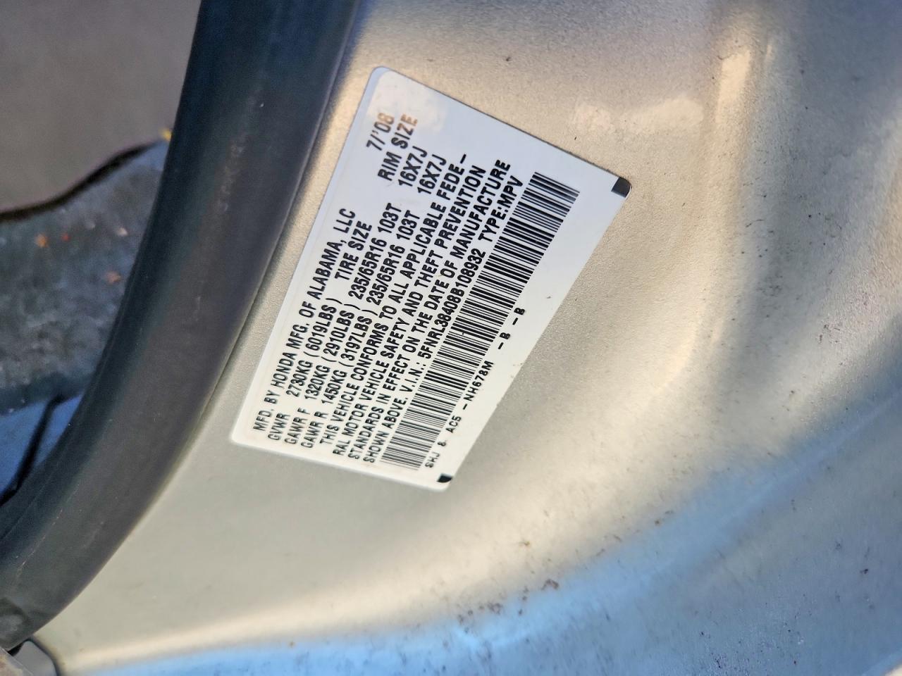 2008 Honda Odyssey Ex Серебряный vin: 5FNRL38408B108932