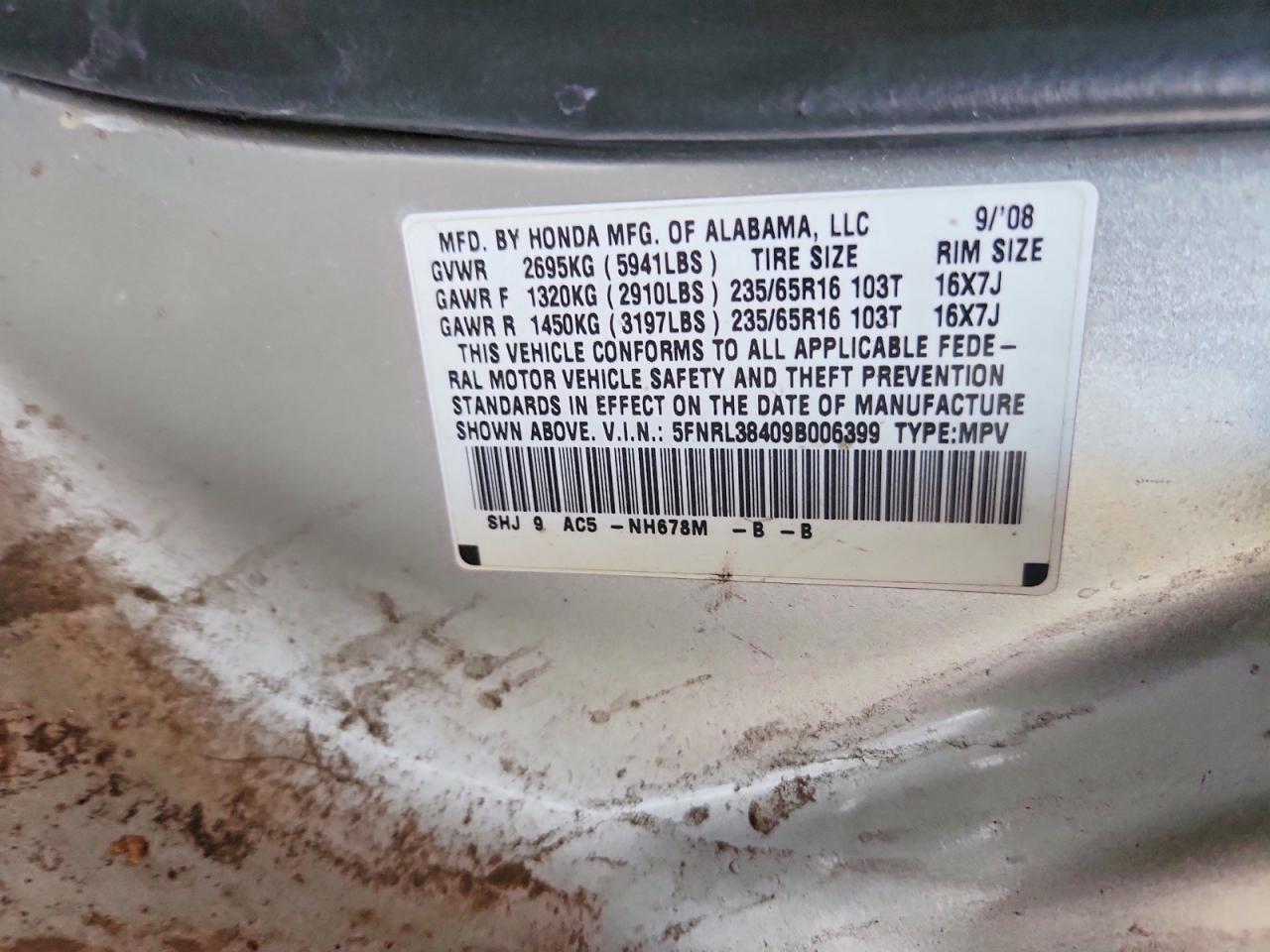 2009 Honda Odyssey Ex Silver vin: 5FNRL38409B006399