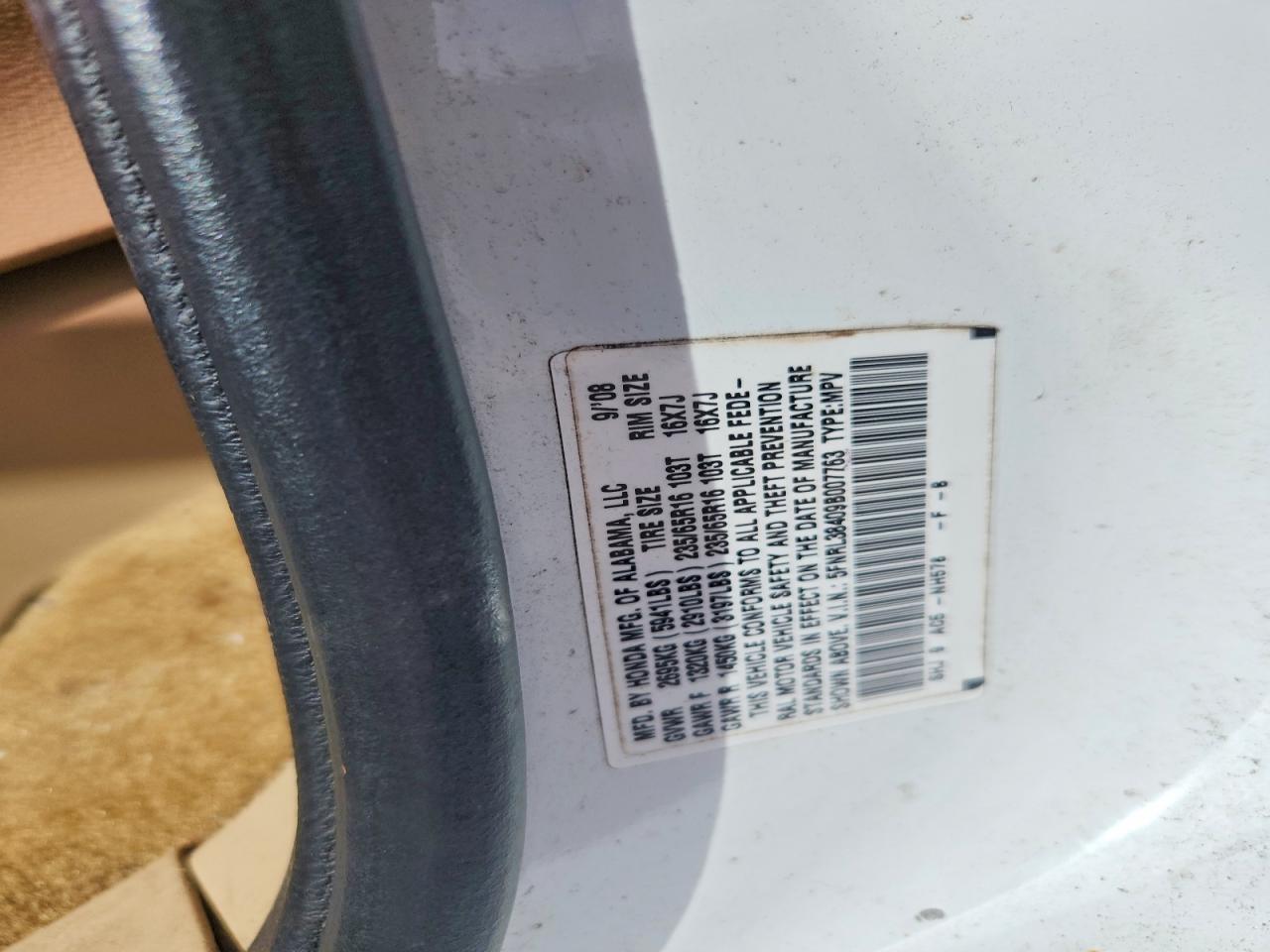 2009 Honda Odyssey Ex White vin: 5FNRL38409B007763