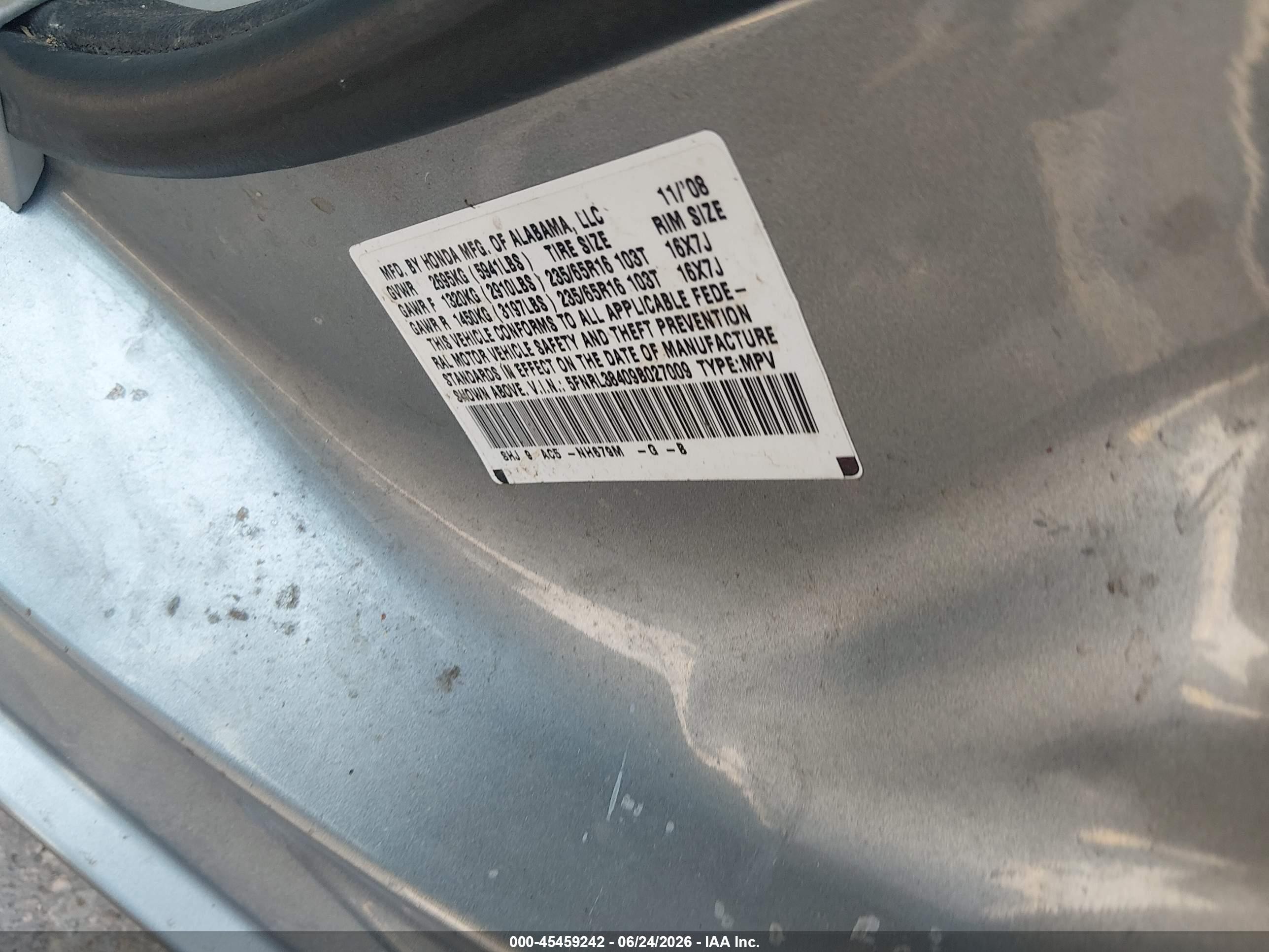 2009 Honda Odyssey Ex Light Blue vin: 5FNRL38409B027009