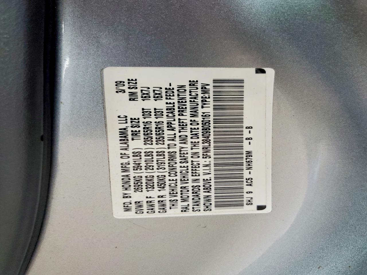 2009 Honda Odyssey Ex Silver vin: 5FNRL38409B050161