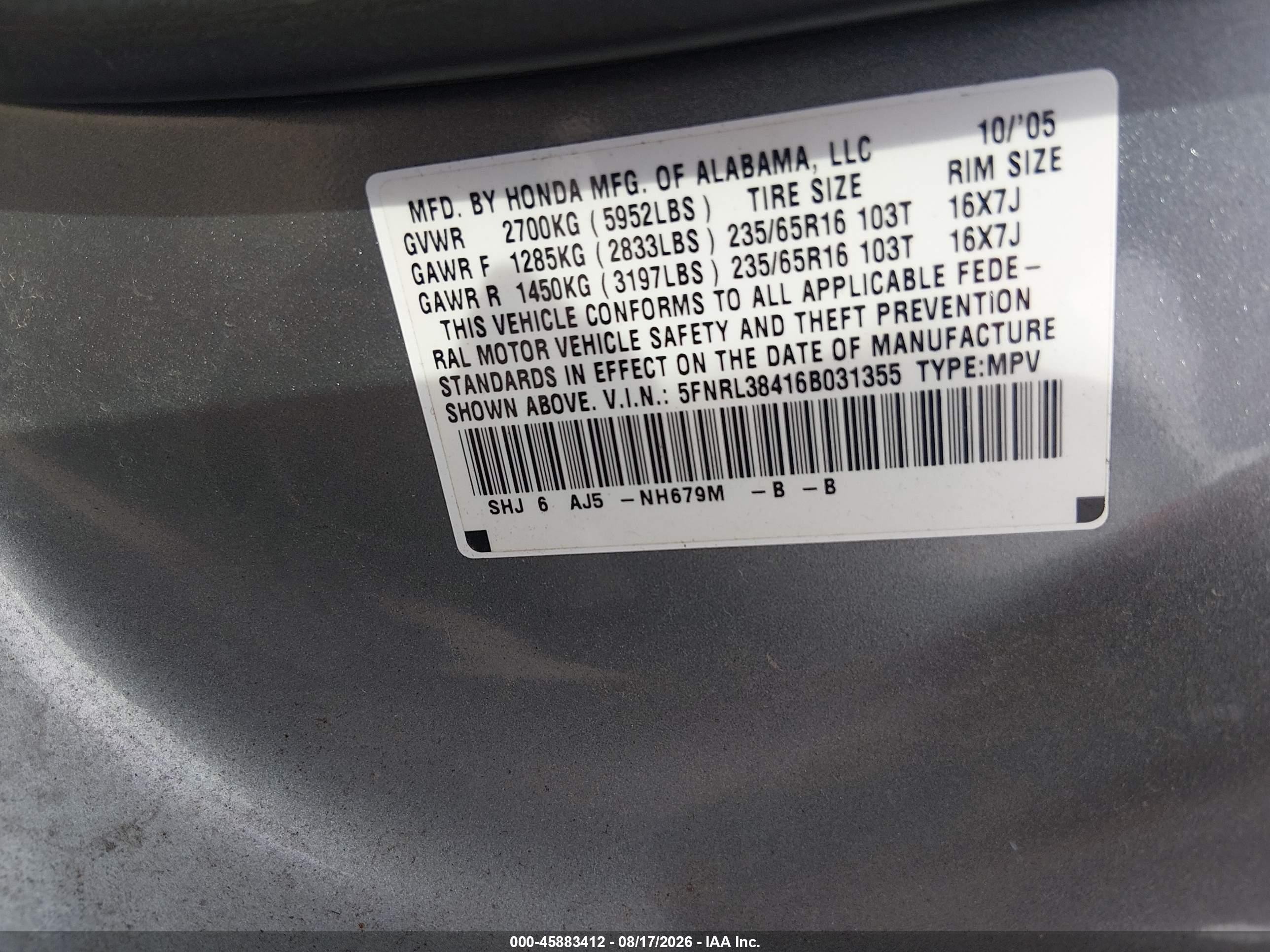 2006 Honda Odyssey Ex Blue vin: 5FNRL38416B031355
