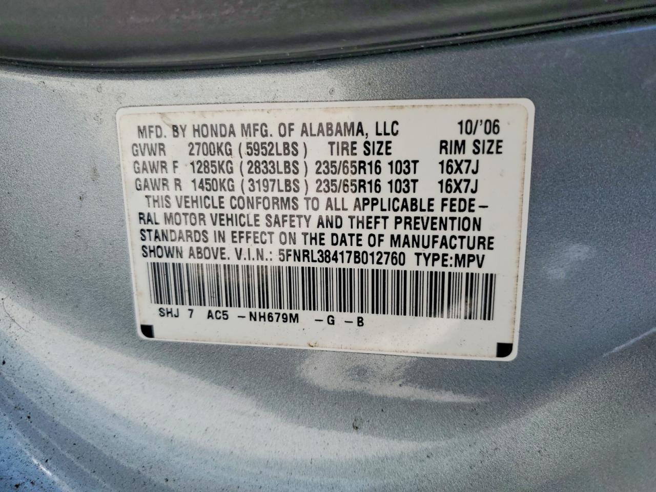 2007 Honda Odyssey Silver vin: 5FNRL38417B012760