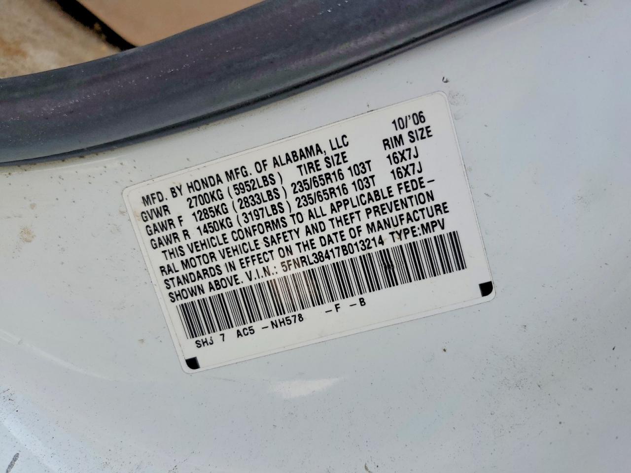 2007 Honda Odyssey Ex White vin: 5FNRL38417B013214