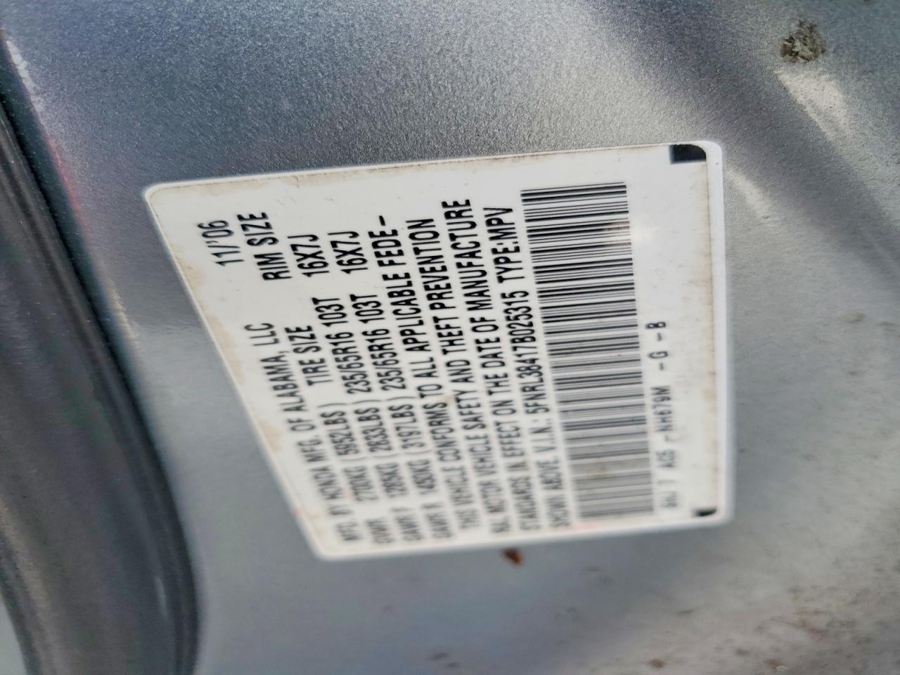 2007 Honda Odyssey Ex Серебряный vin: 5FNRL38417B025315