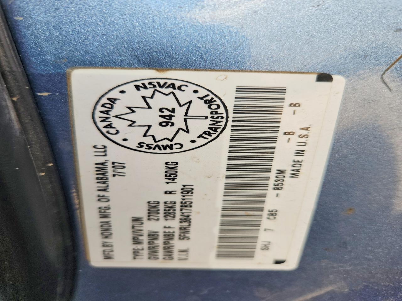 2007 Honda Odyssey Ex Blue vin: 5FNRL38417B511901