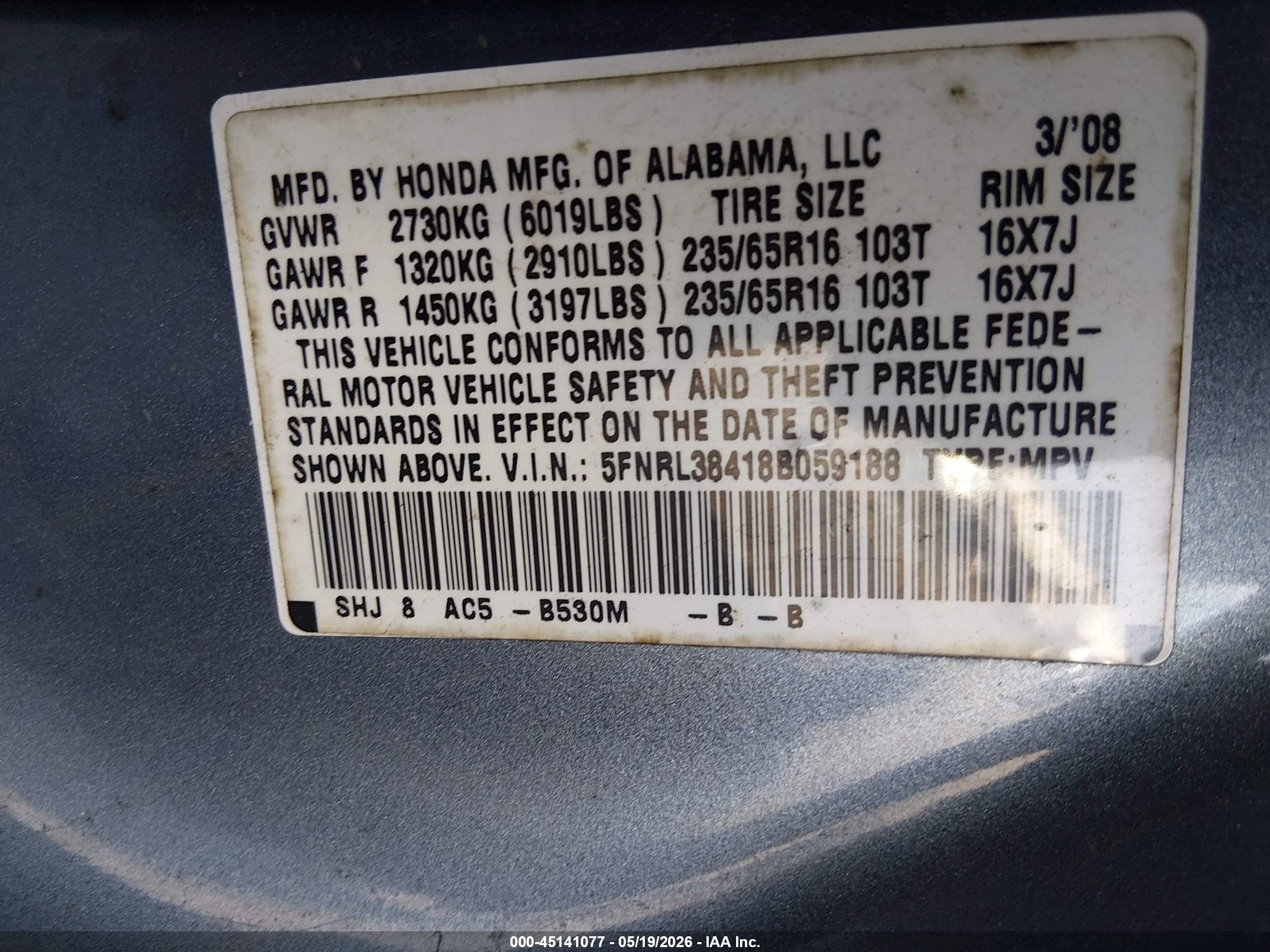 2008 Honda Odyssey Ex Синий vin: 5FNRL38418B059188