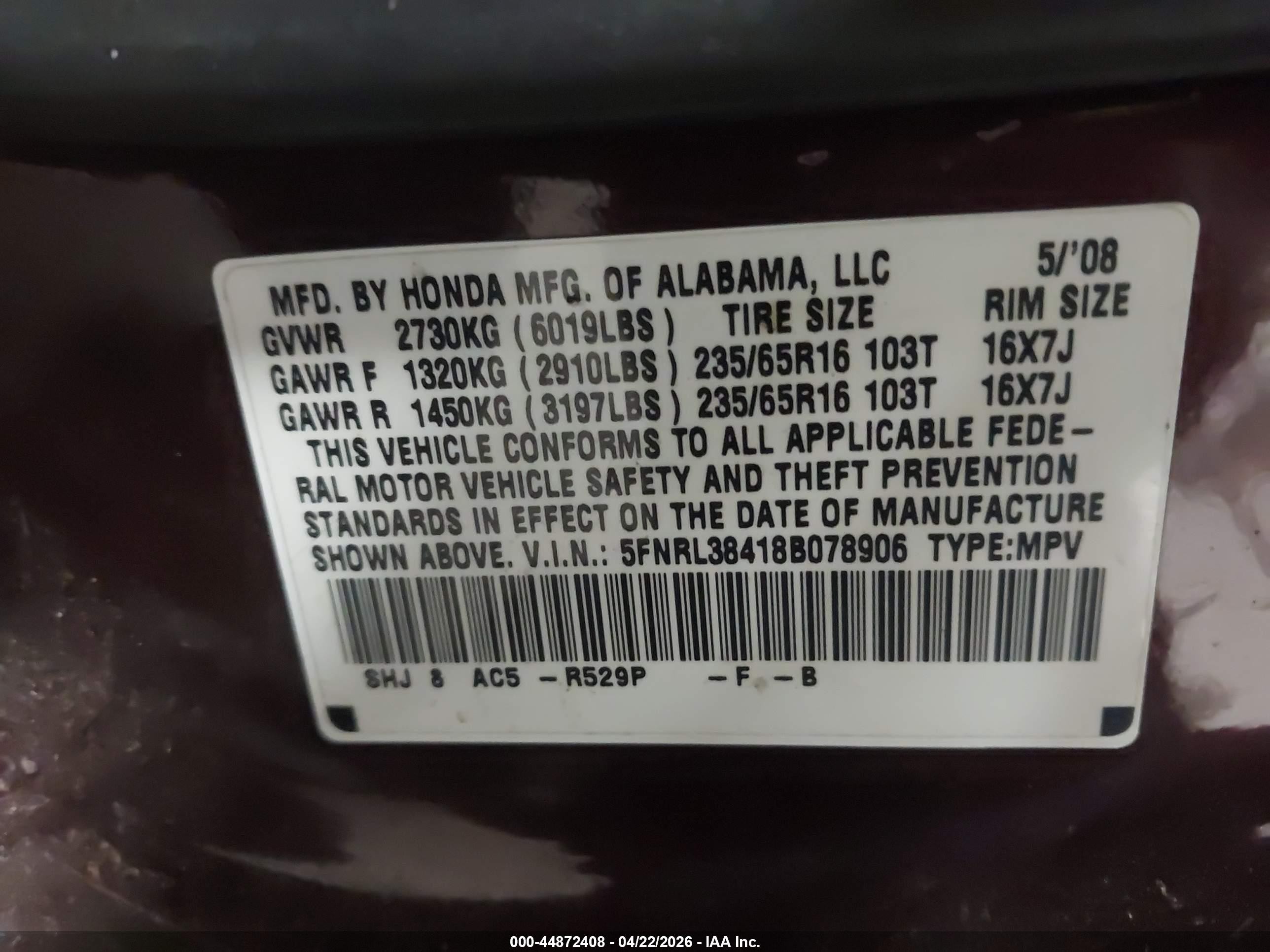 2008 Honda Odyssey Ex Red vin: 5FNRL38418B078906