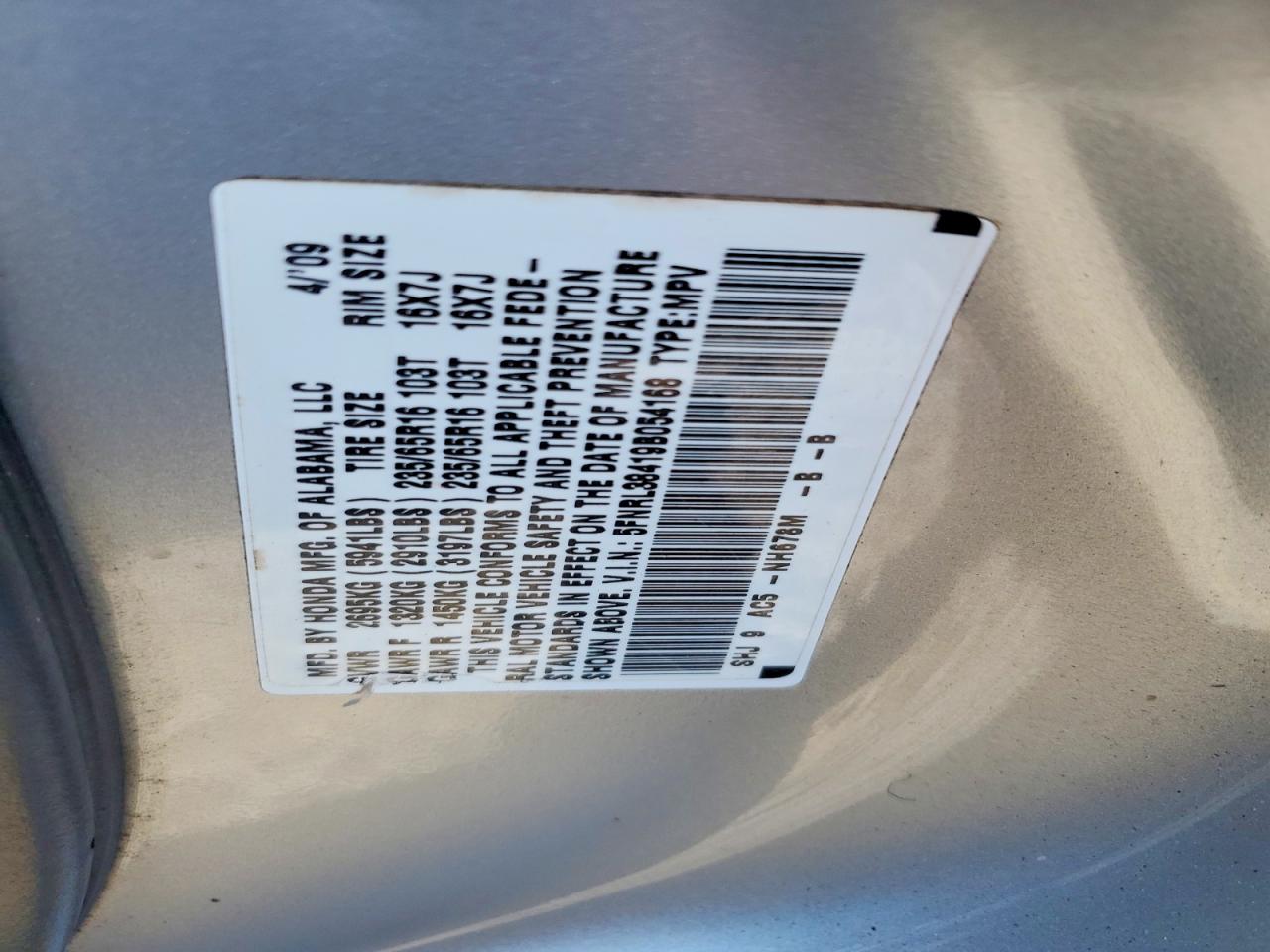 2009 Honda Odyssey Ex Silver vin: 5FNRL38419B054168
