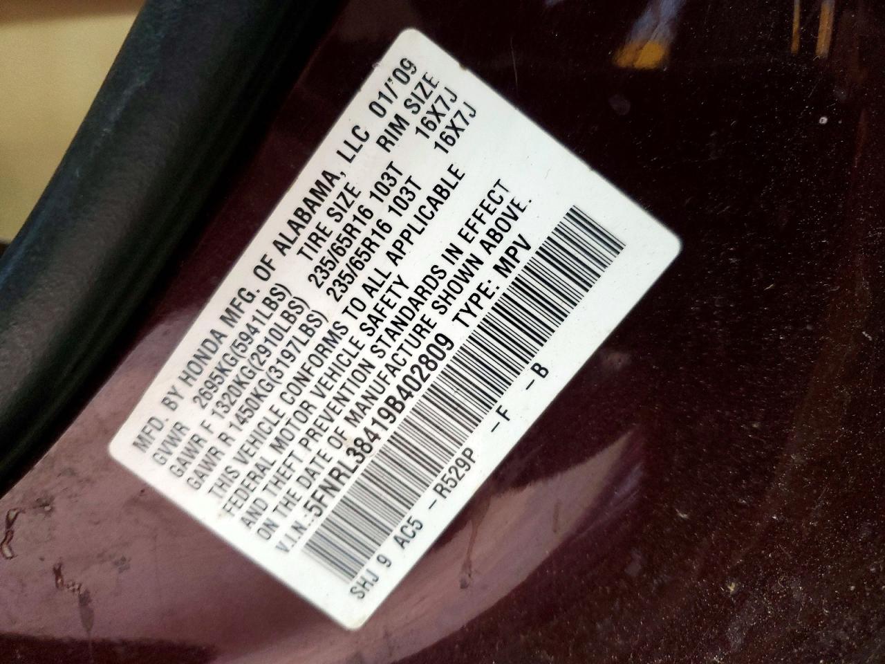 2009 Honda Odyssey Ex Burgundy vin: 5FNRL38419B402809