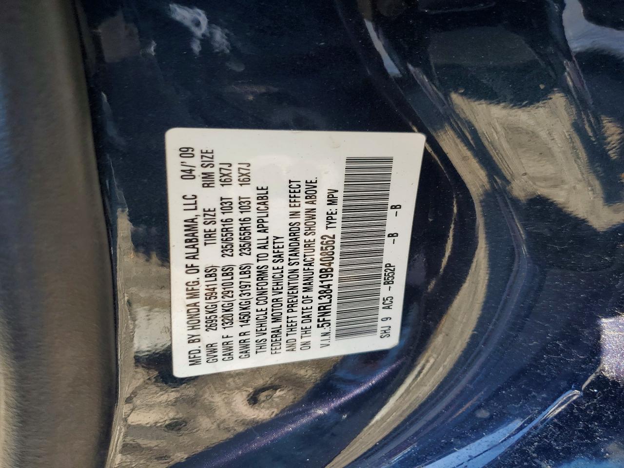 2009 Honda Odyssey Ex Blue vin: 5FNRL38419B408562