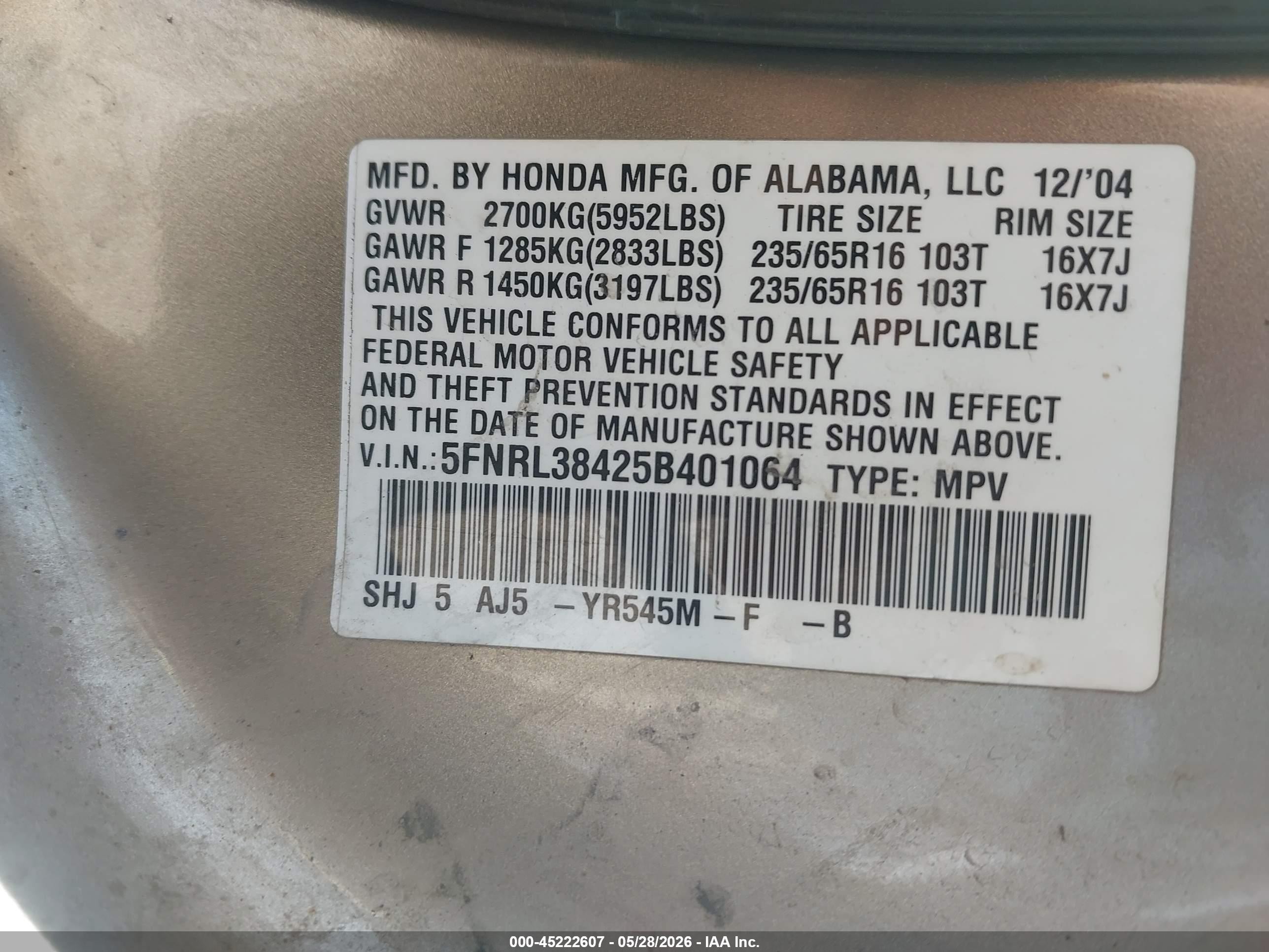 2005 Honda Odyssey Ex Gold vin: 5FNRL38425B401064