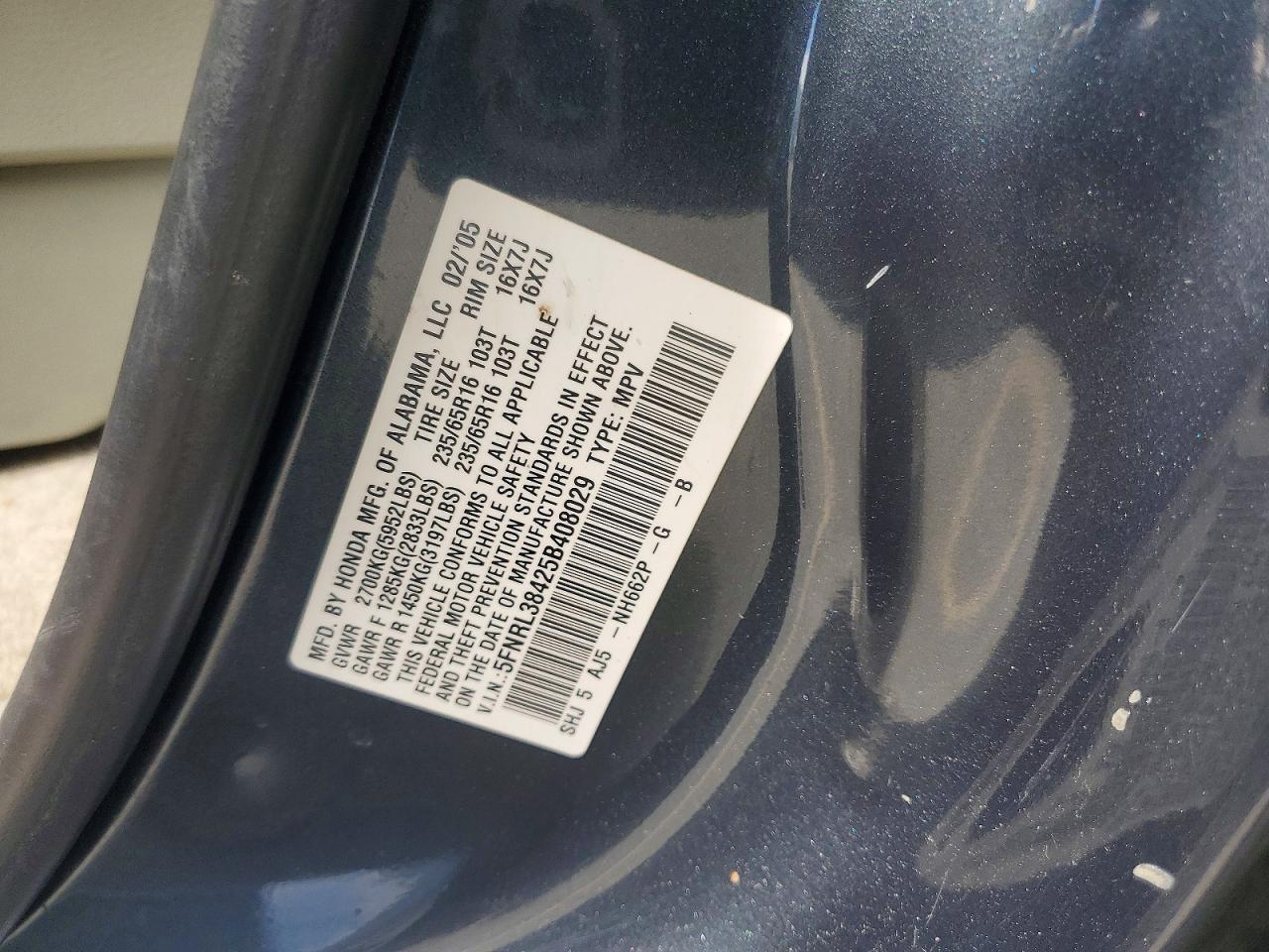 2005 Honda Odyssey Ex Серый vin: 5FNRL38425B408029