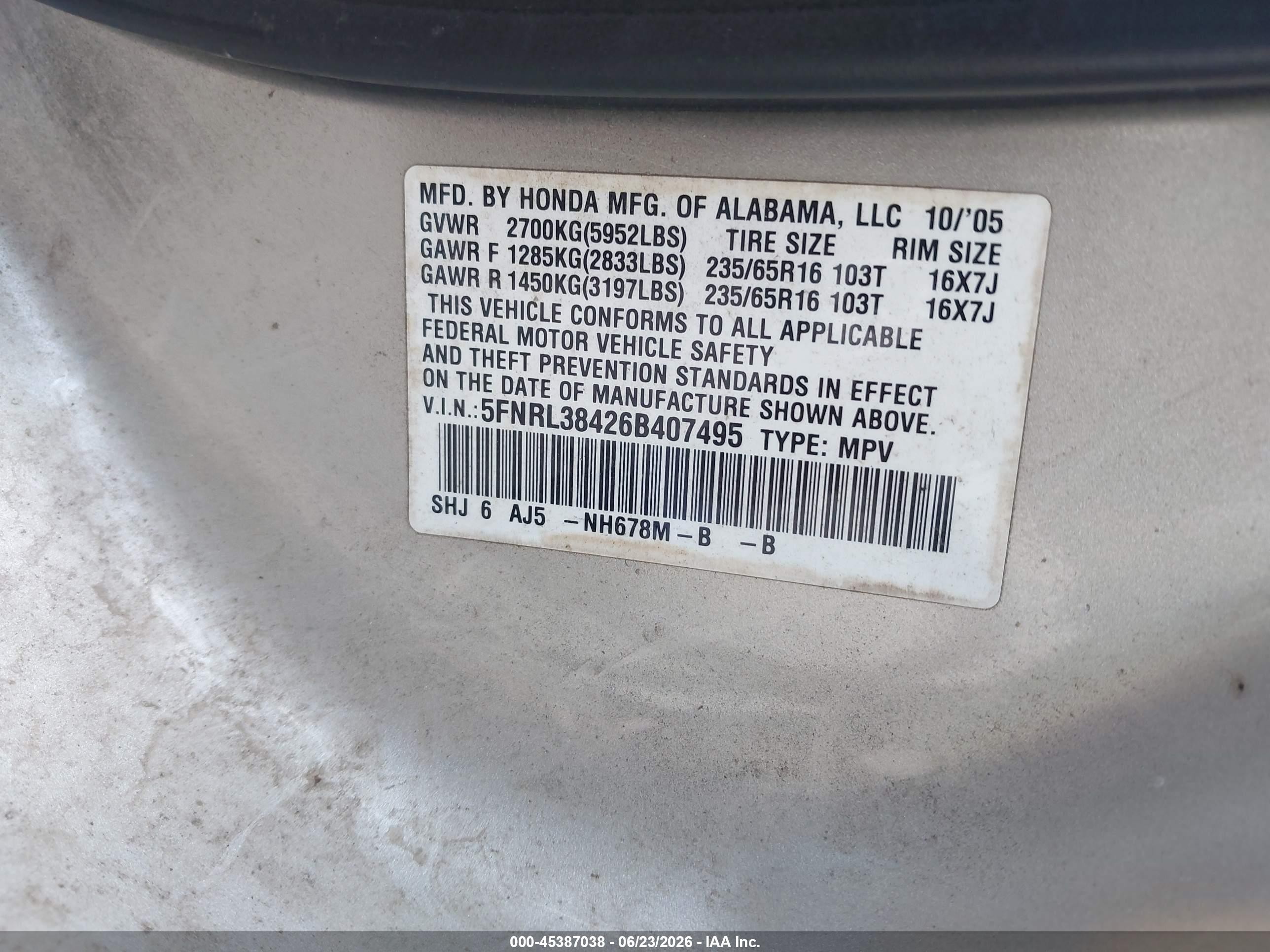 2006 Honda Odyssey Ex Серебряный vin: 5FNRL38426B407495