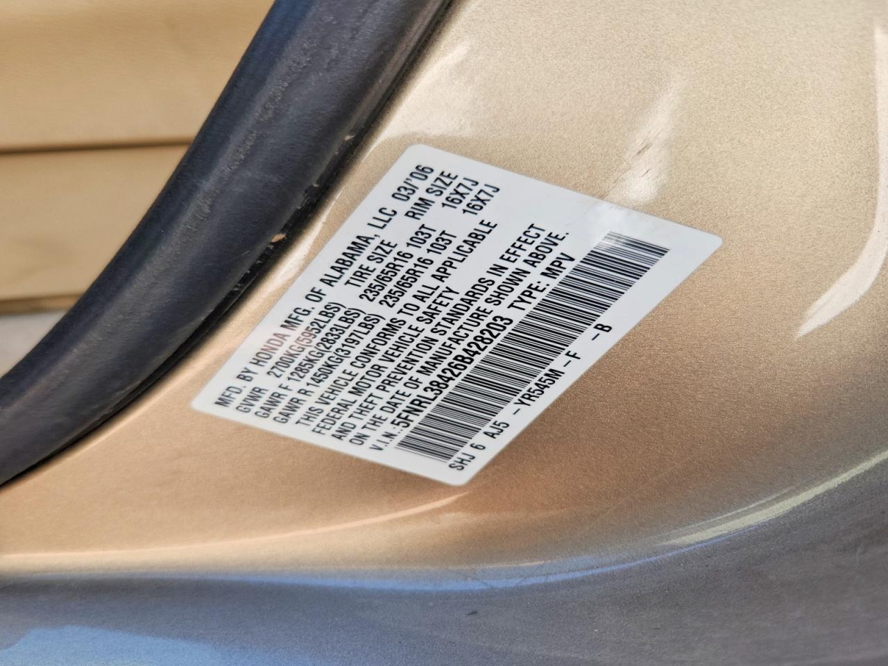2006 Honda Odyssey Ex Gold vin: 5FNRL38426B428203