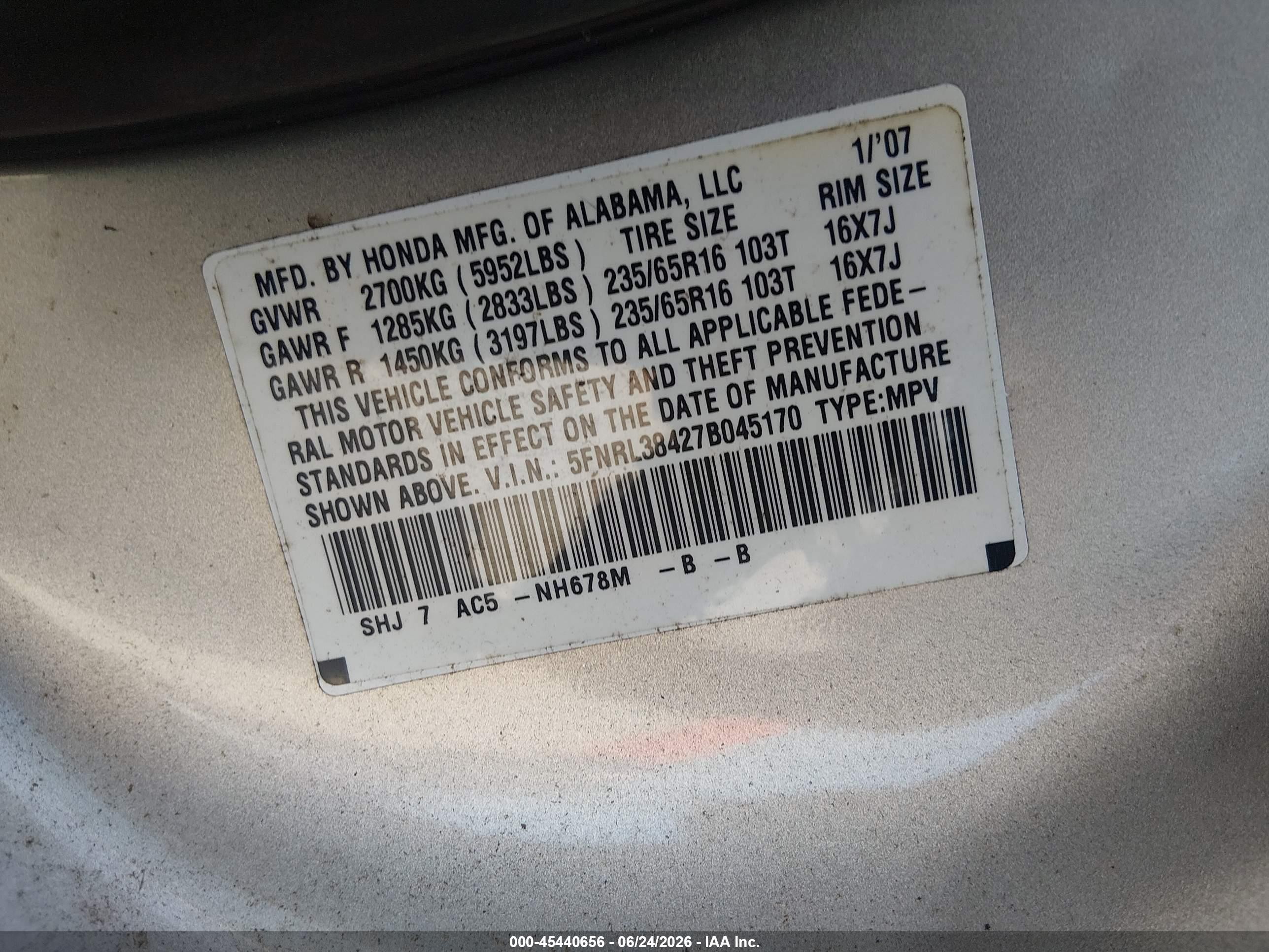2007 Honda Odyssey Ex Silver vin: 5FNRL38427B045170