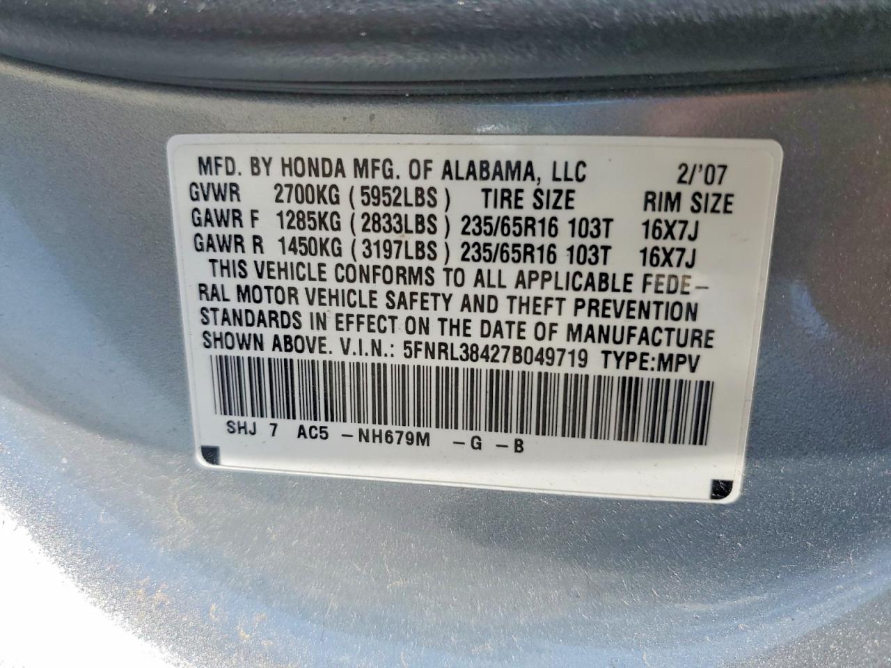 2007 Honda Odyssey Ex Silver vin: 5FNRL38427B049719