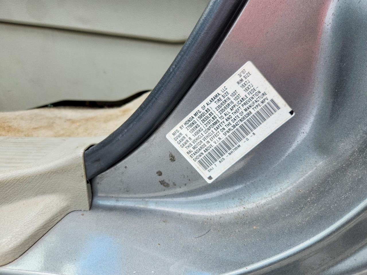 2007 Honda Odyssey Ex Gray vin: 5FNRL38427B065368