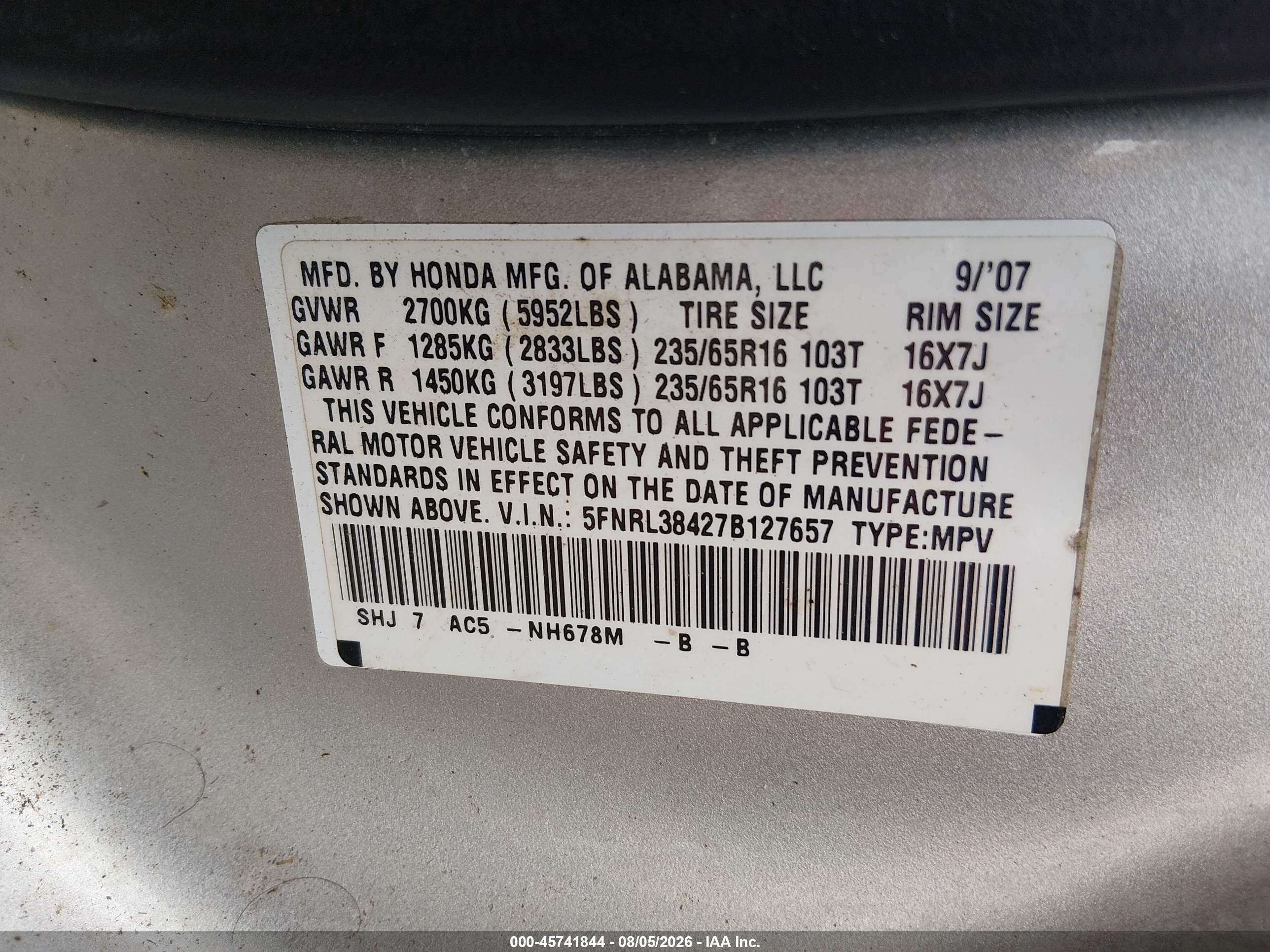 2007 Honda Odyssey Ex Silver vin: 5FNRL38427B127657