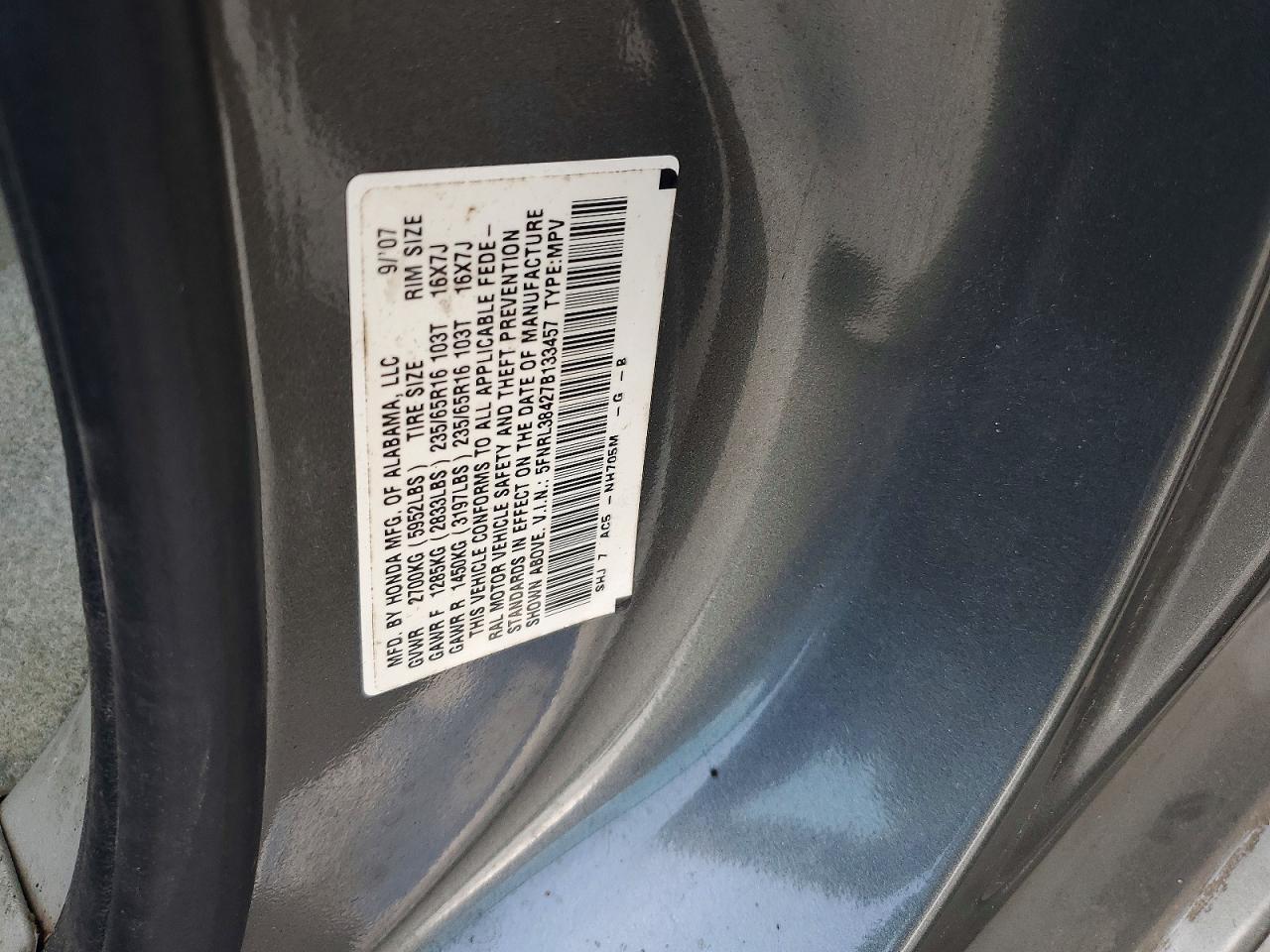 2007 Honda Odyssey Ex Gray vin: 5FNRL38427B133457
