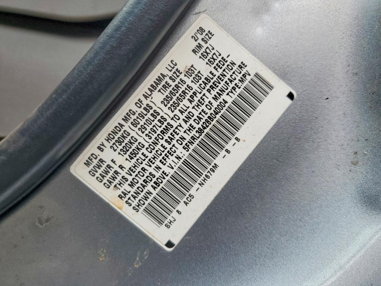 2008 Honda Odyssey Ex Gray vin: 5FNRL38428B040004