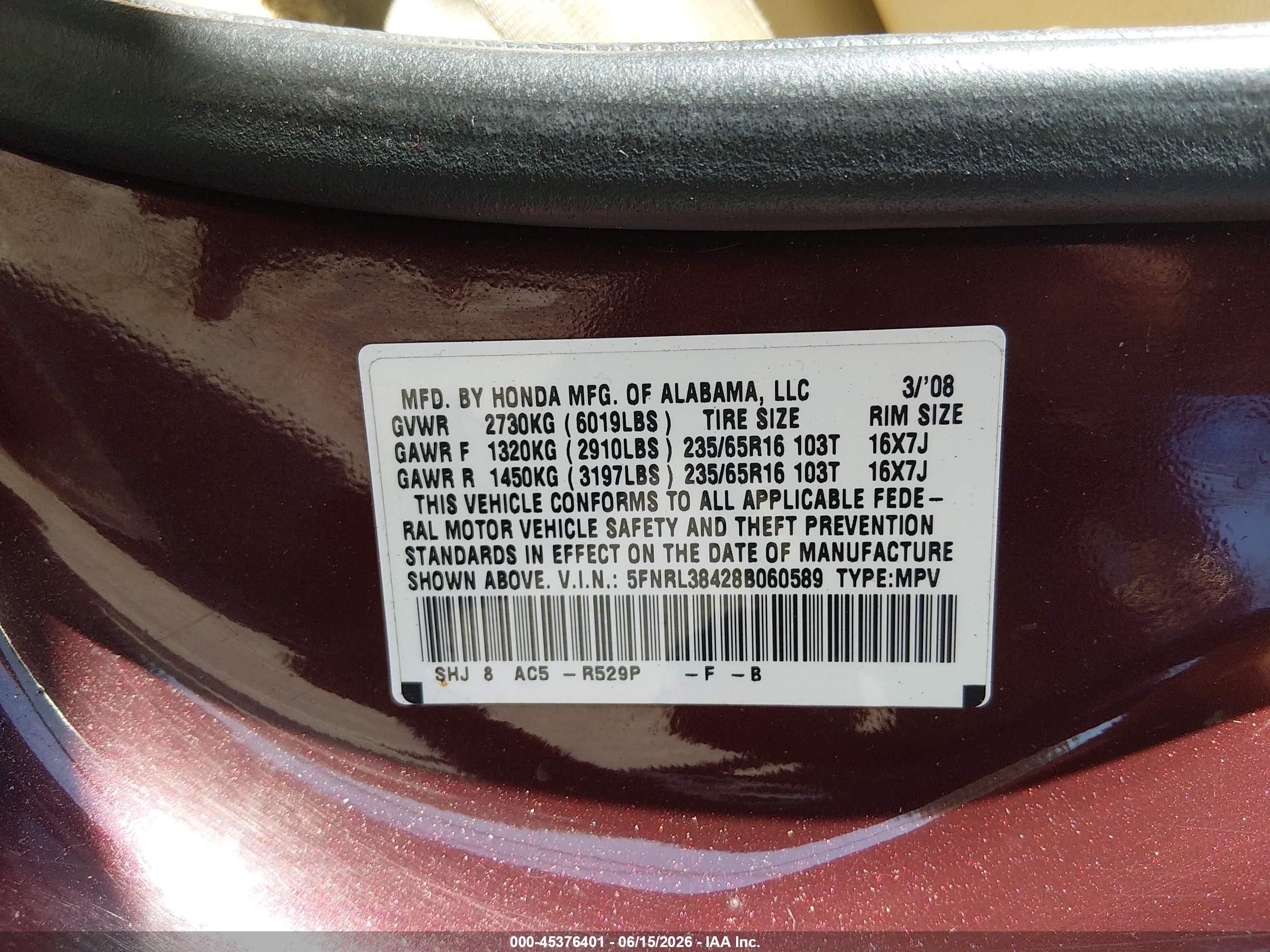 2008 Honda Odyssey Ex Red vin: 5FNRL38428B060589