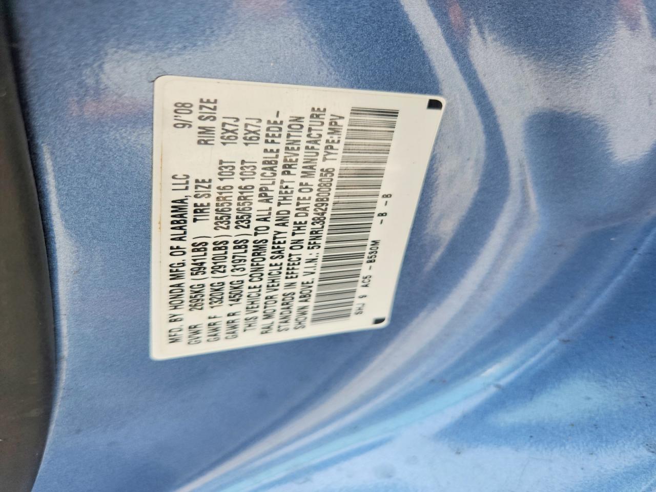 2009 Honda Odyssey Ex Blue vin: 5FNRL38429B008056