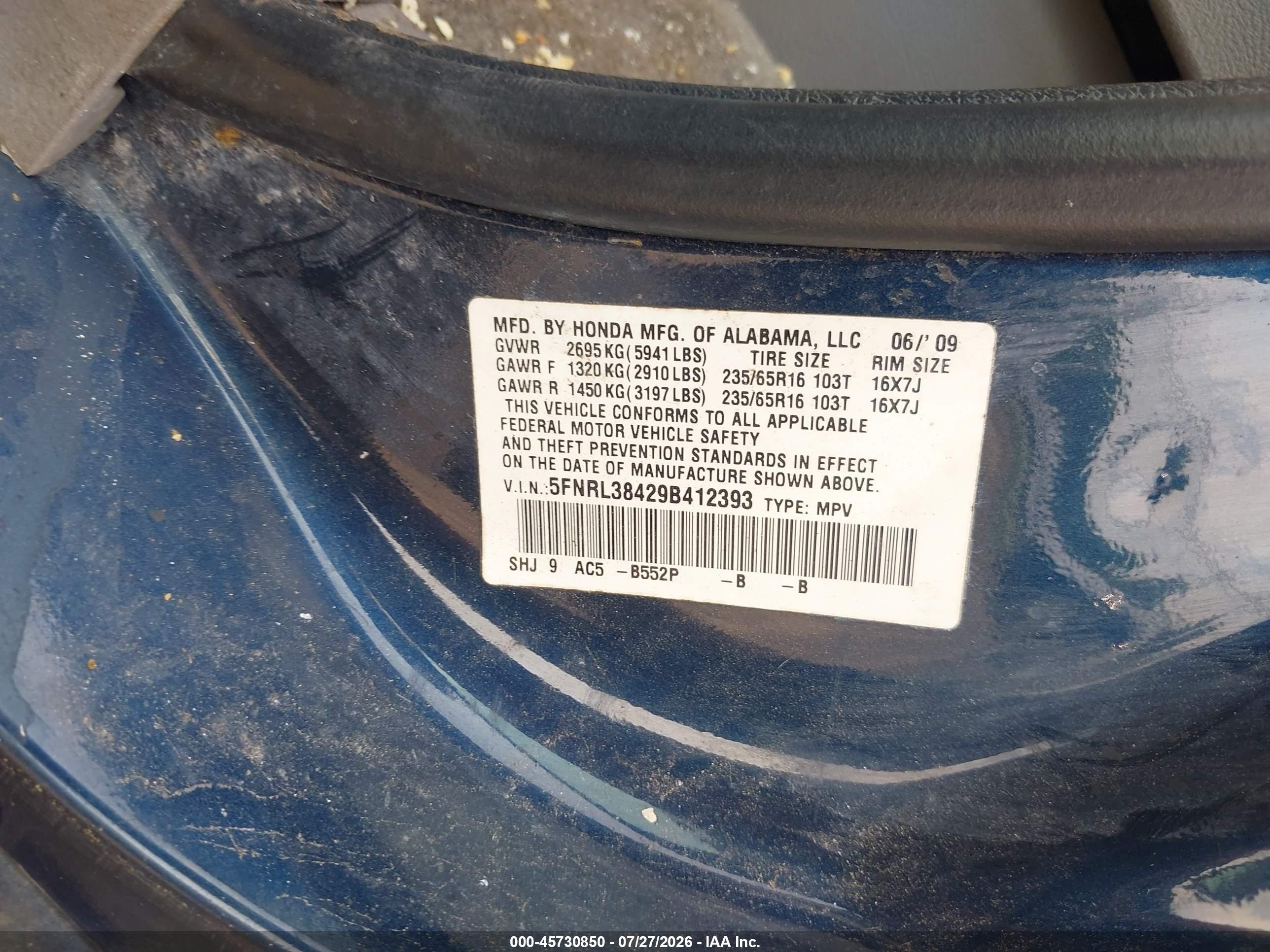 2009 Honda Odyssey Ex Blue vin: 5FNRL38429B412393