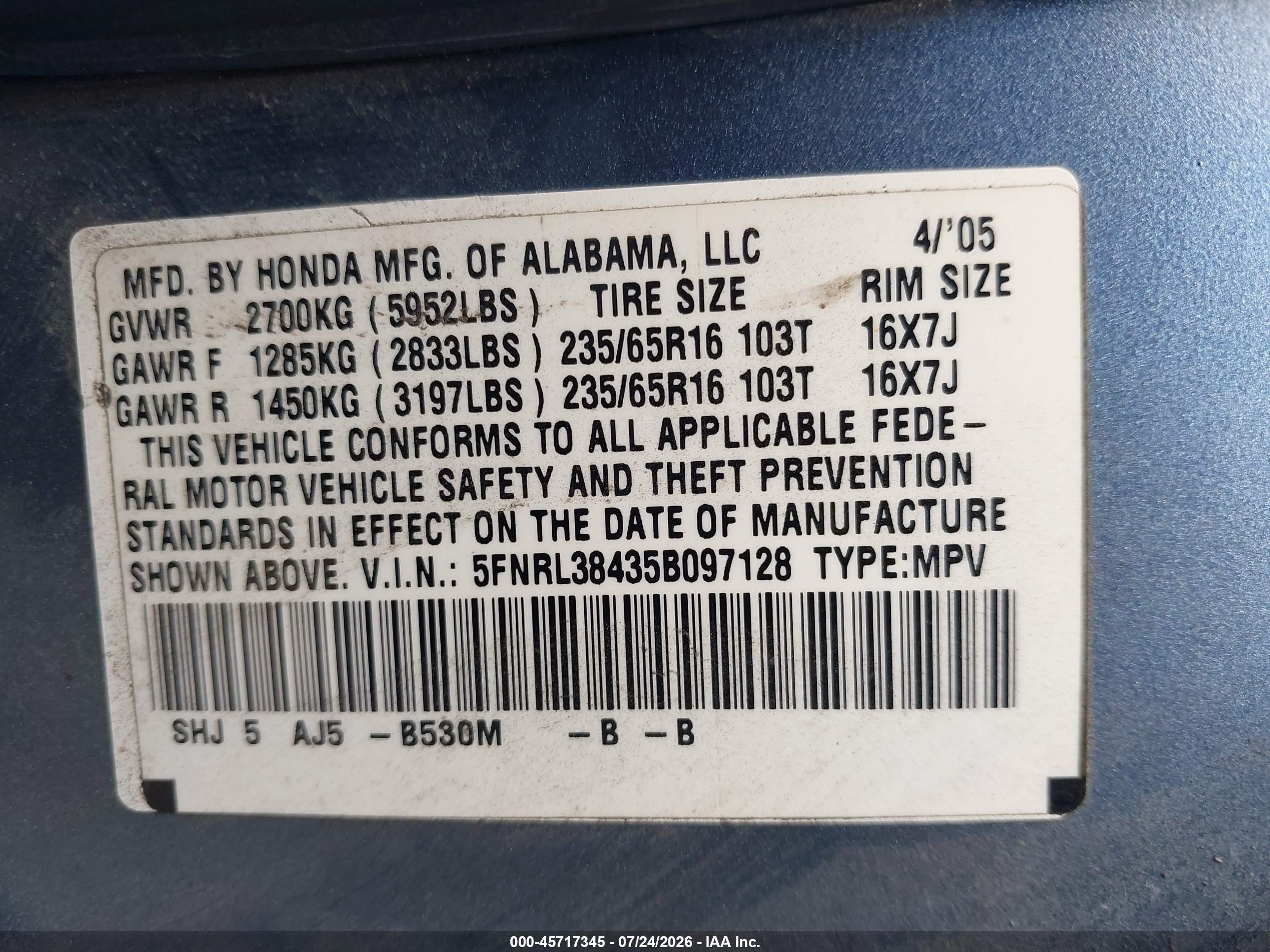 2005 Honda Odyssey Ex Light Blue vin: 5FNRL38435B097128